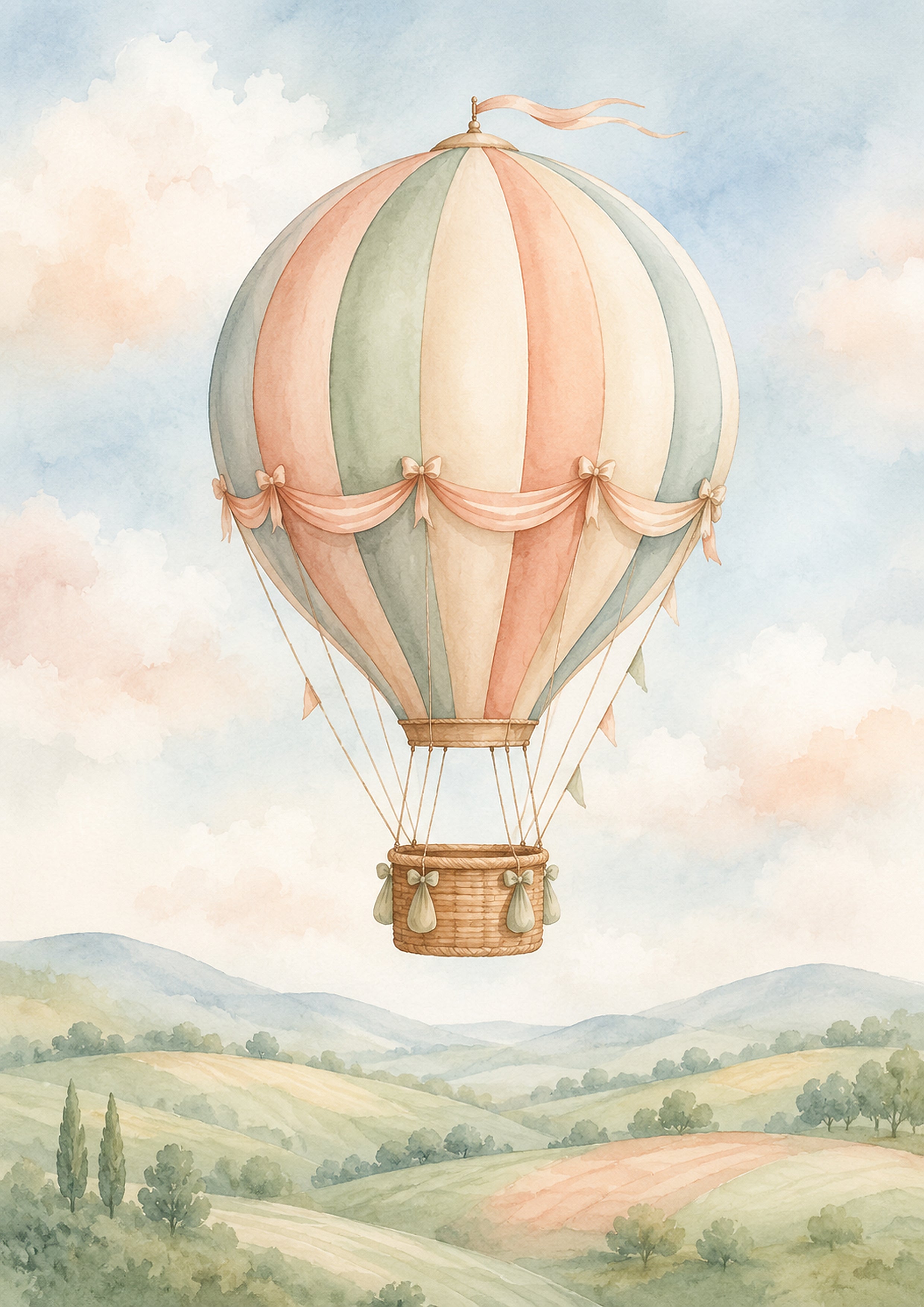 Whimsical Balloon over A Misty Countryside nursery wall print by PosterMe.shop