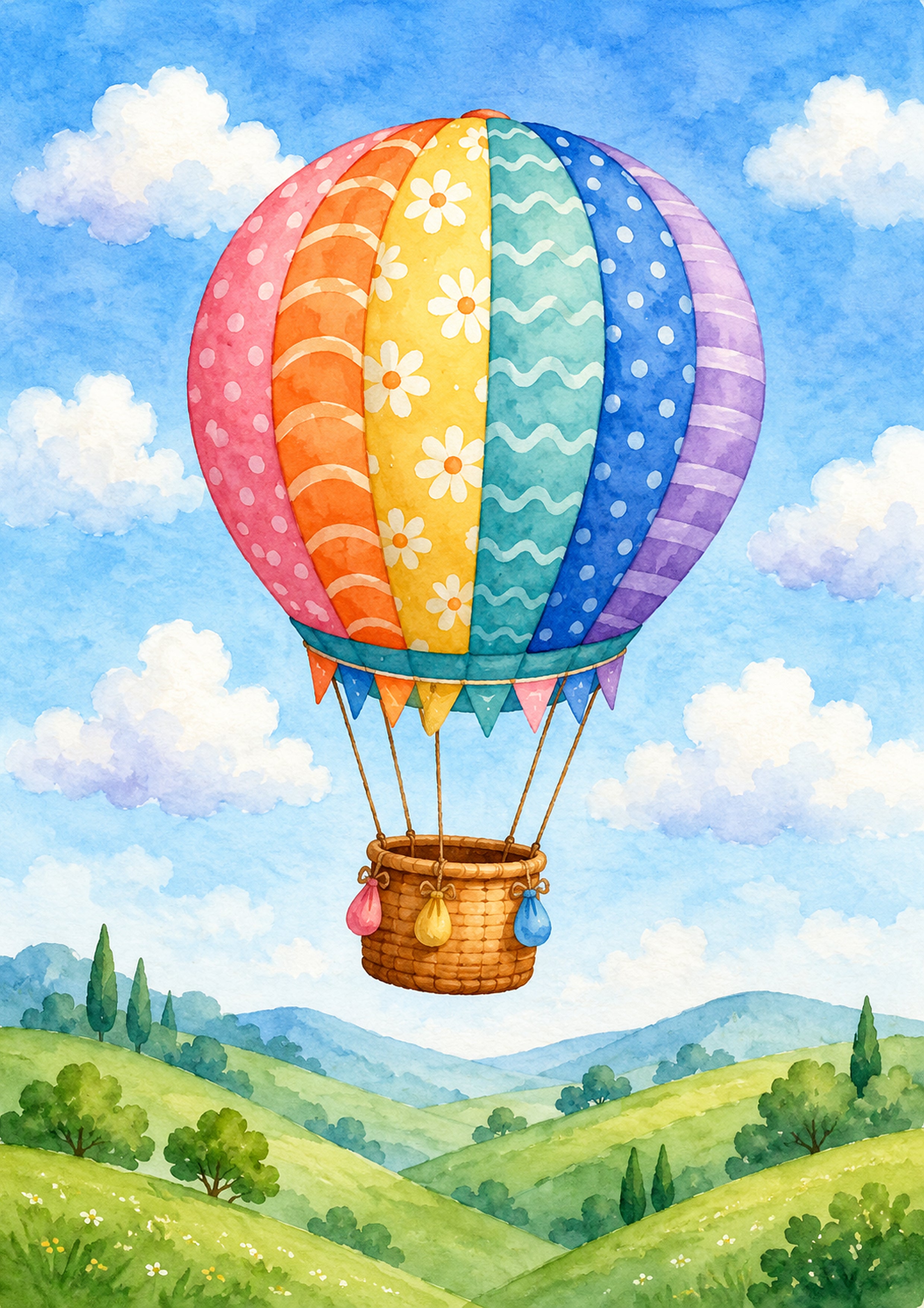 Whimsical Balloon over Rolling Hills nursery wall print by PosterMe.shop