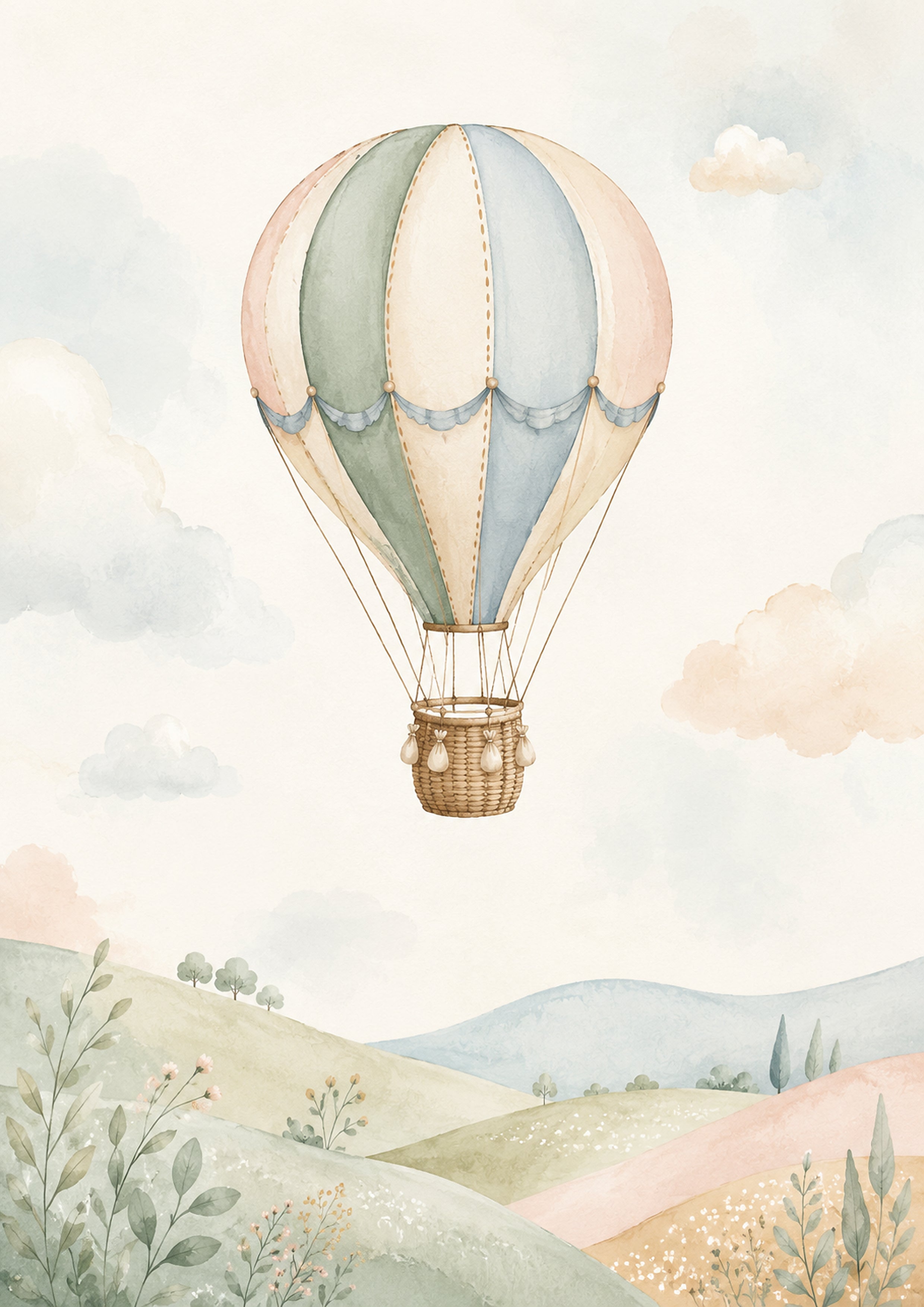 Whimsical Balloon over Rolling Landscapes nursery wall print by PosterMe.shop