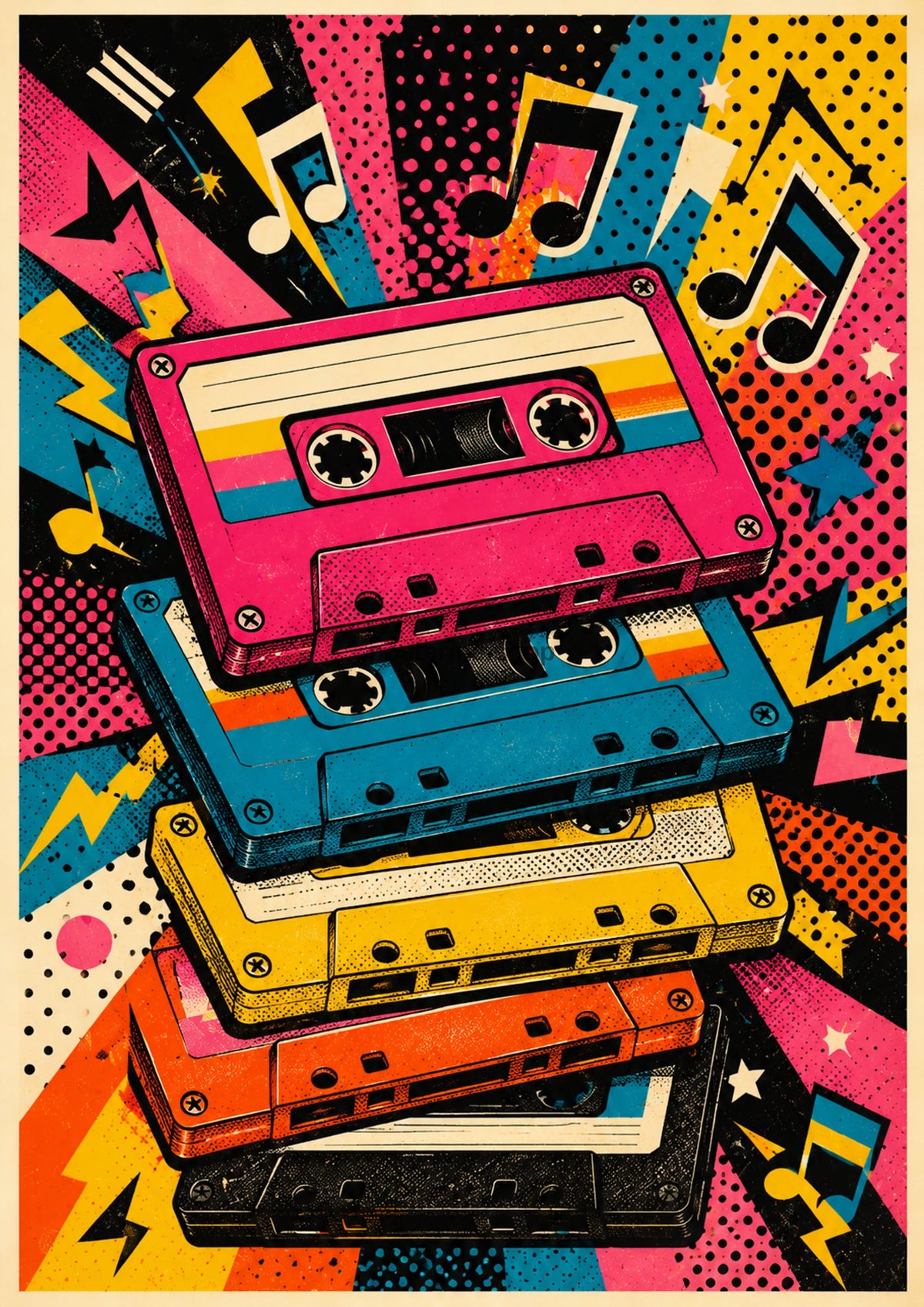 Retro Cassette Explosion of Sound pop art art print by towelme