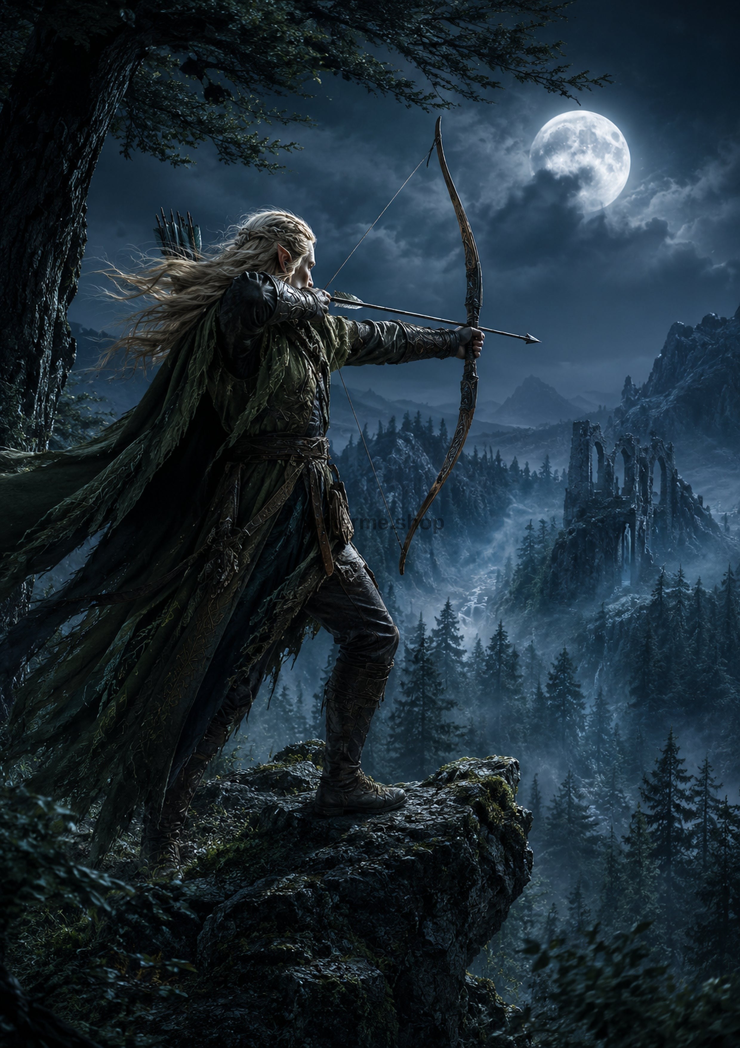 Elven Archer in the Moonlit Forest fantasy RPG character wall print by PosterMe.shop