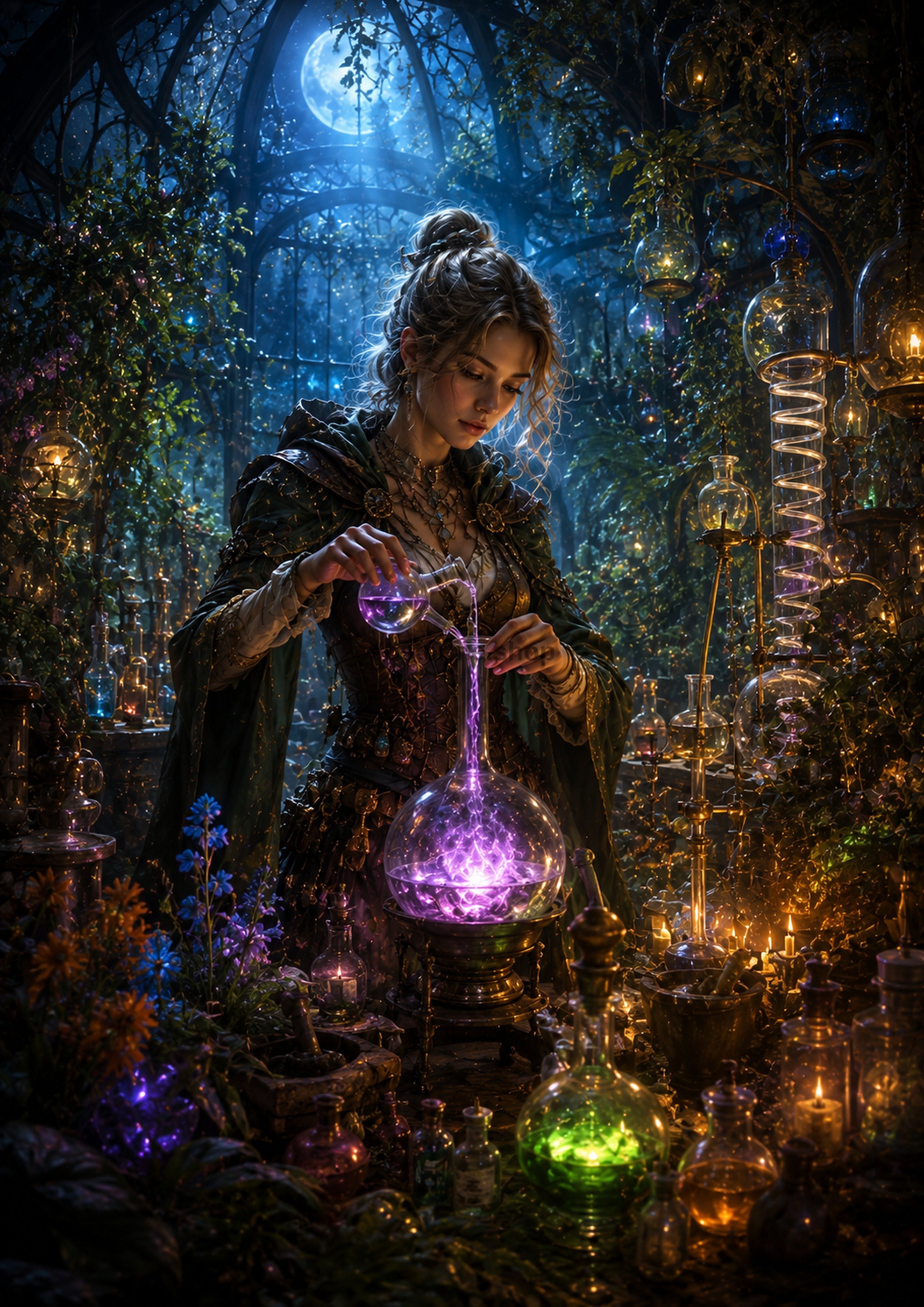 The Alchemist's Moonlit Laboratory fantasy RPG character wall print by PosterMe.shop