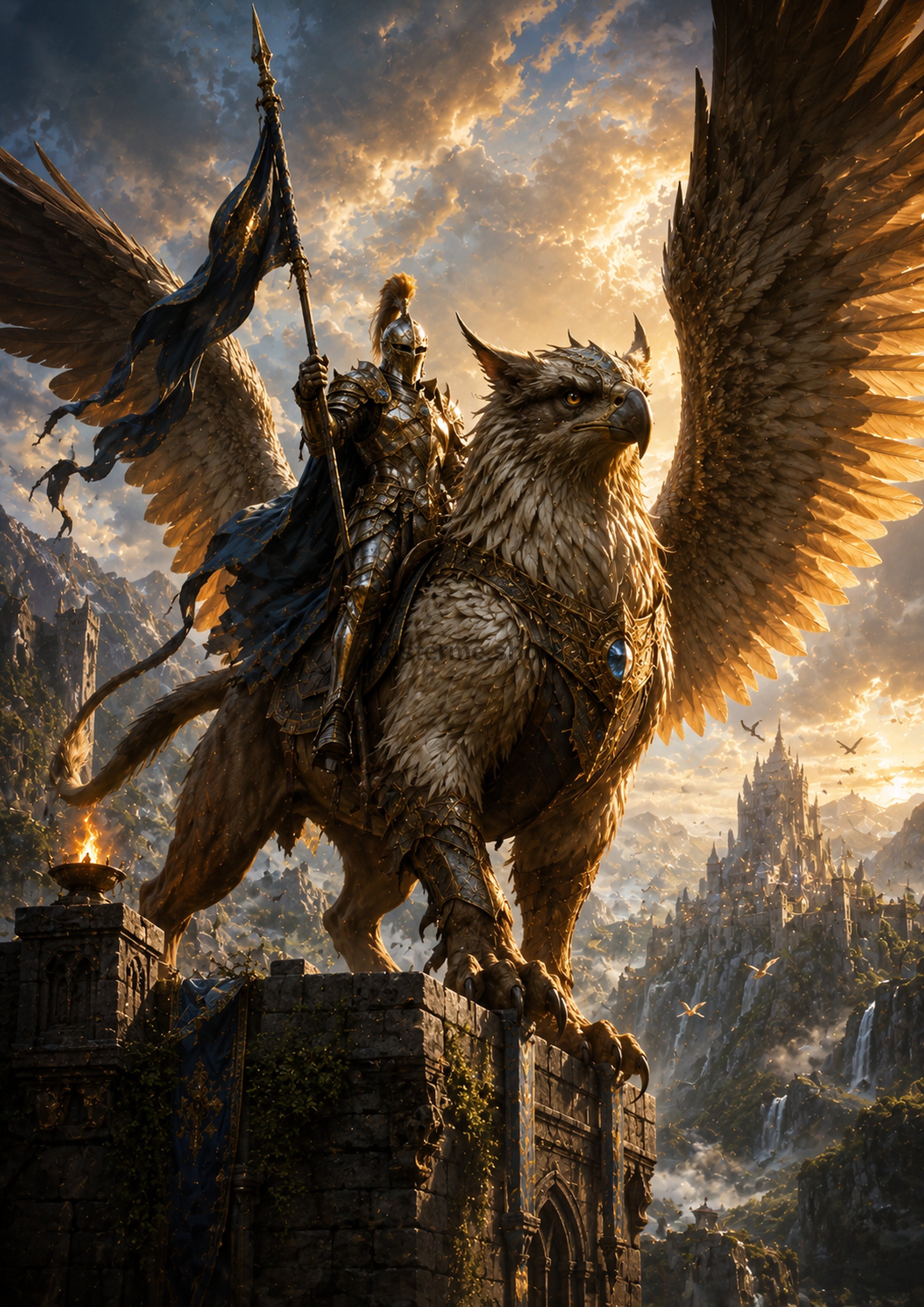 Knight and Griffin on Fortress Cliff fantasy RPG character wall print by PosterMe.shop
