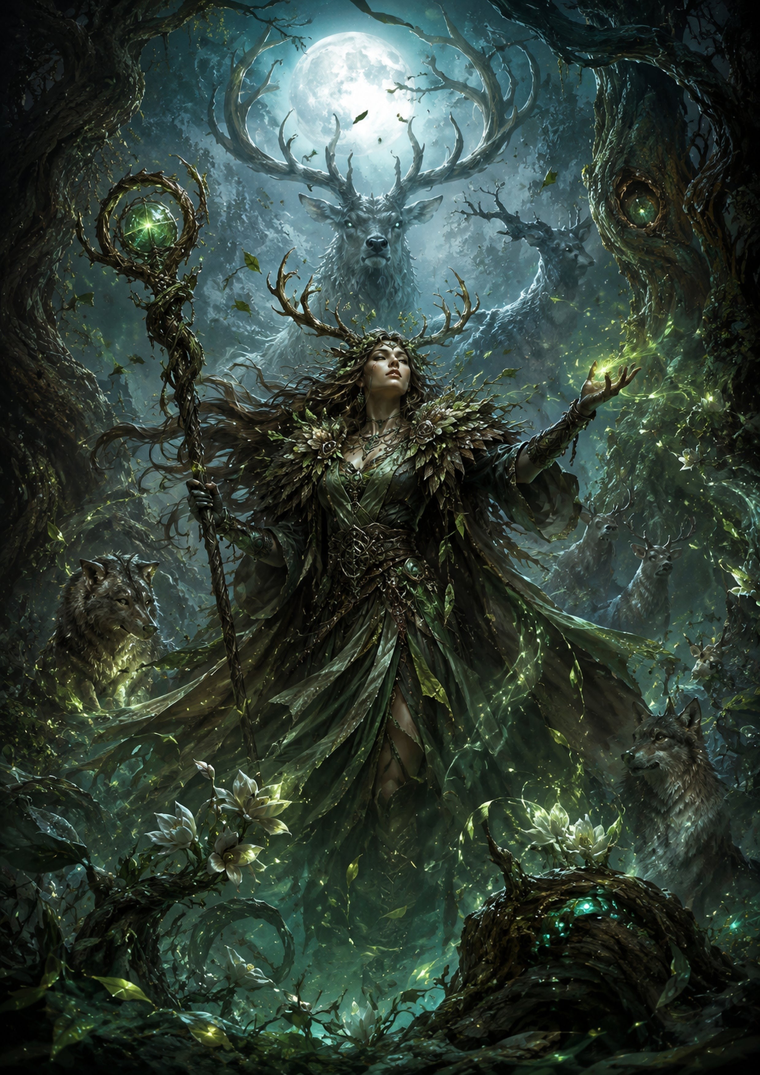 Moonlit Druid with Forest Spirits fantasy RPG character wall print by PosterMe.shop