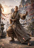 Serene Monk in a Misty Temple Courtyard fantasy RPG character wall print by PosterMe.shop