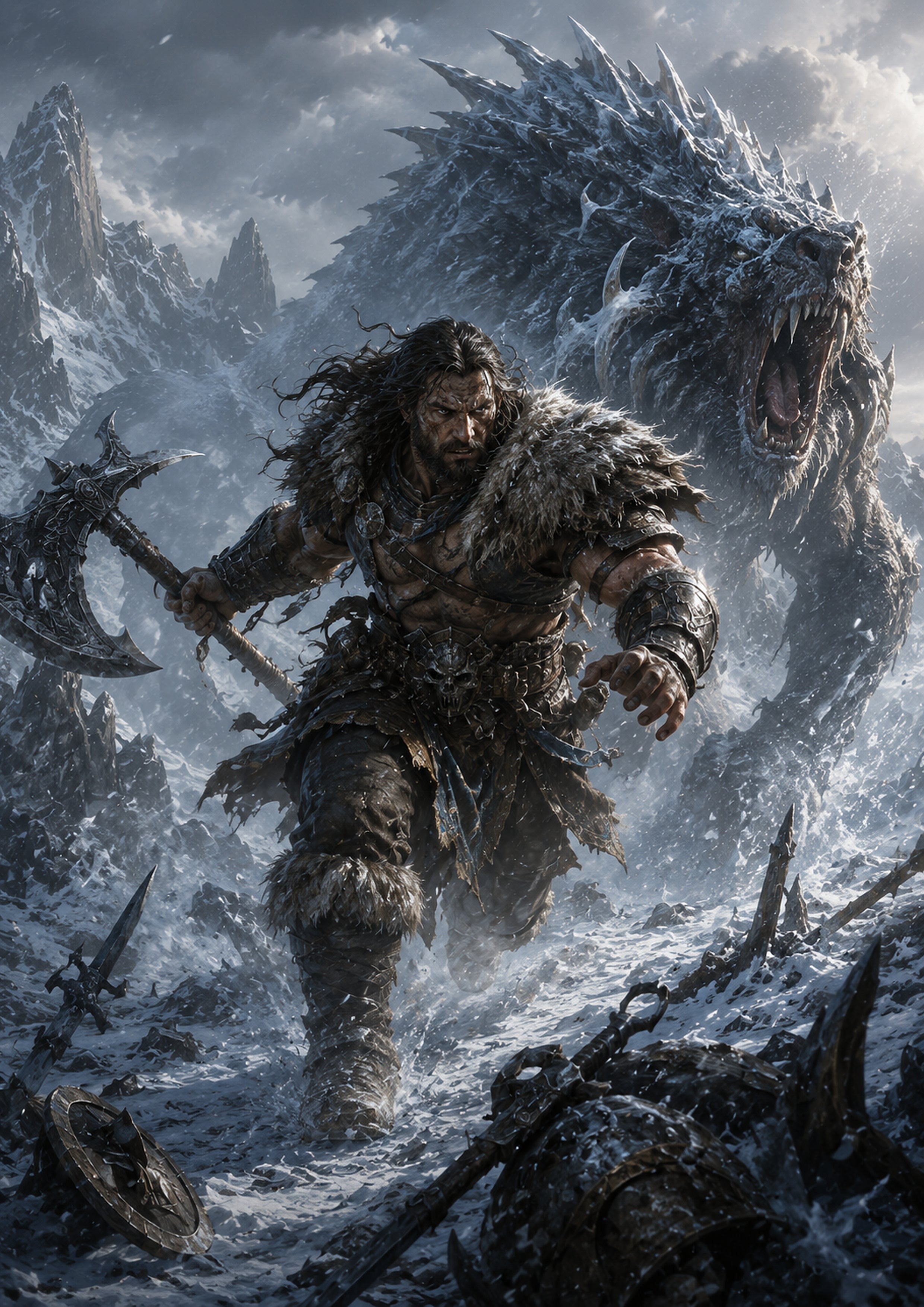 Warrior Versus Ice Beast in Snowstorm fantasy RPG character wall print by PosterMe.shop