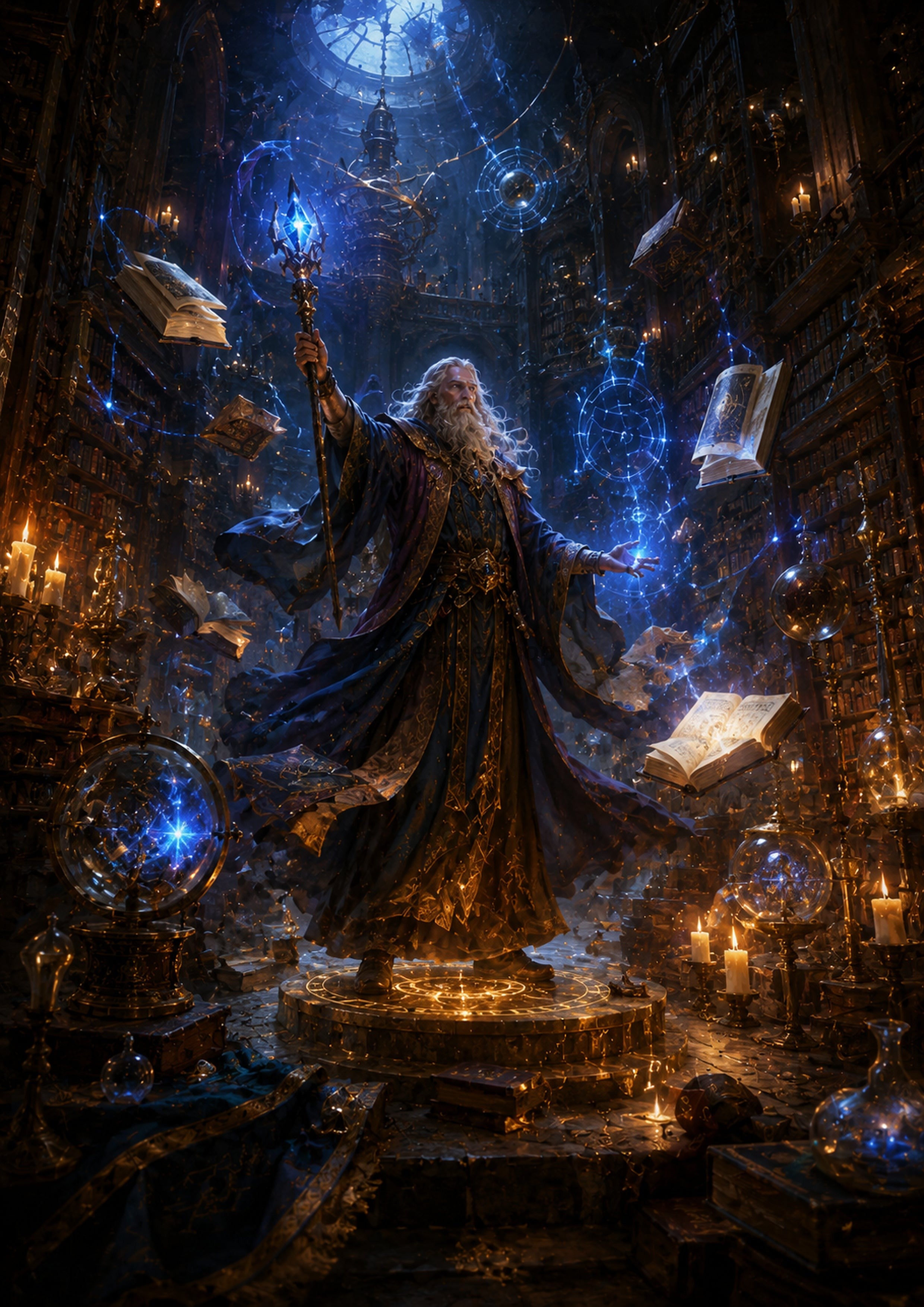 Wizard Commanding Arcane Energy in Grand Library fantasy RPG character wall print by PosterMe.shop