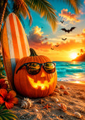 Jack-O'-Lantern Surfer at Tropical Sunset Summerween art print by PosterMe.shop