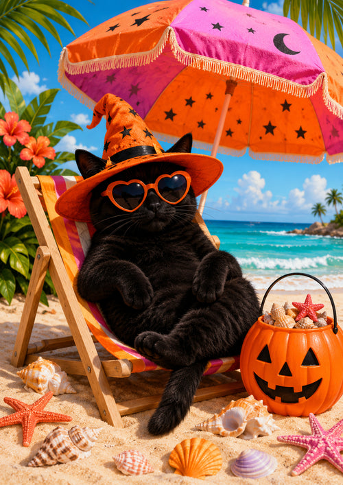 Black Cat Witch on a Summer Beach Summerween art print by PosterMe.shop
