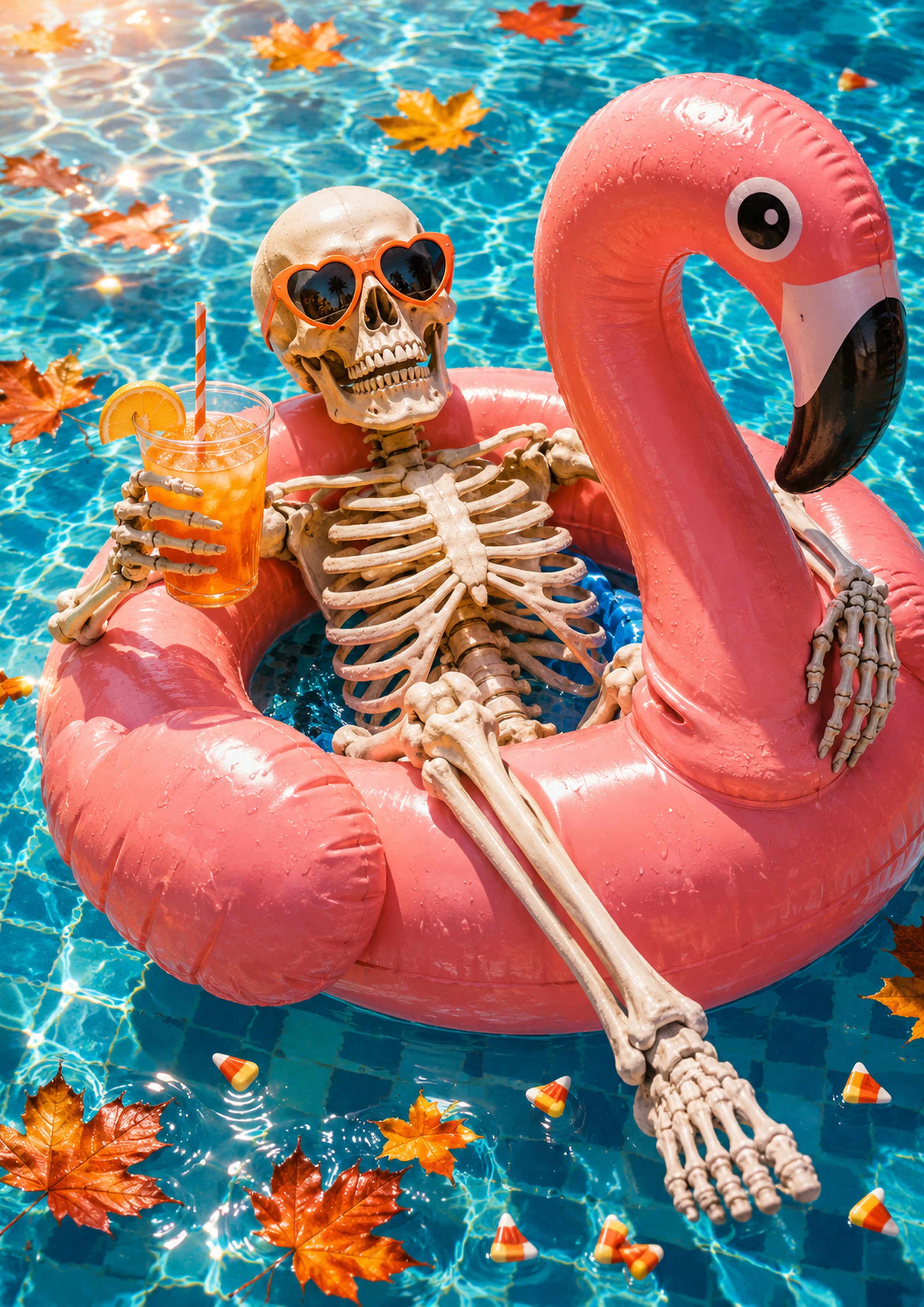 Skeleton Lounging on a Flamingo Pool Float Summerween art print by PosterMe.shop