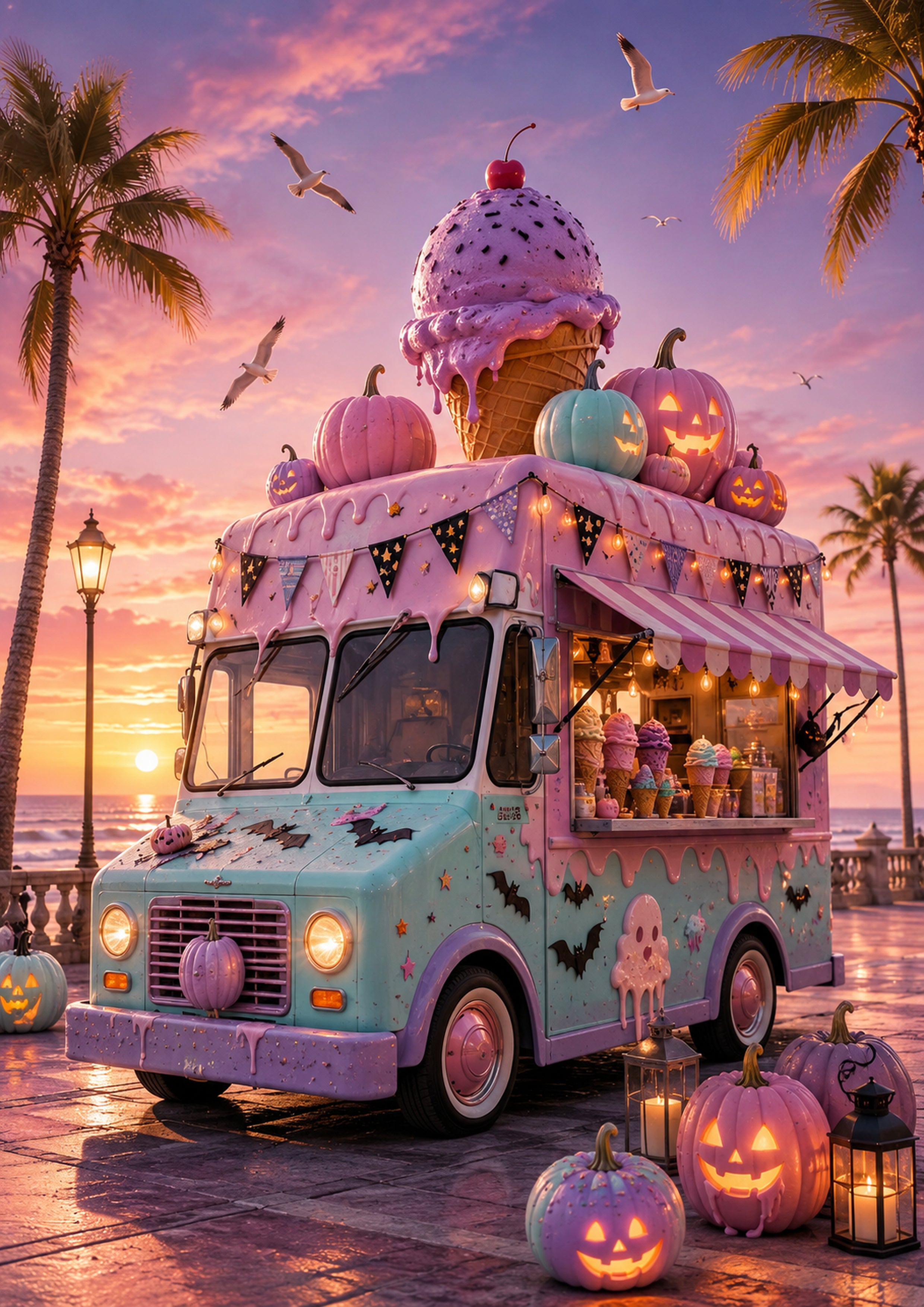 Pastel Summerween Ice Cream Truck at Sunset Summerween art print by PosterMe.shop