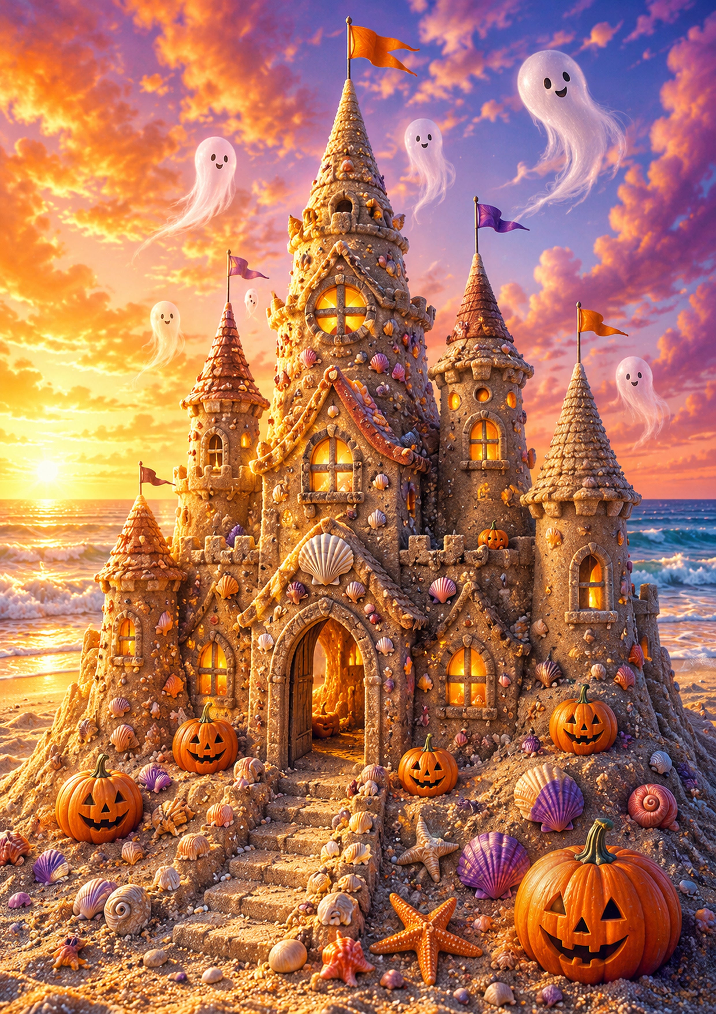 Haunted Sandcastle with Friendly Ghosts Summerween art print by PosterMe.shop