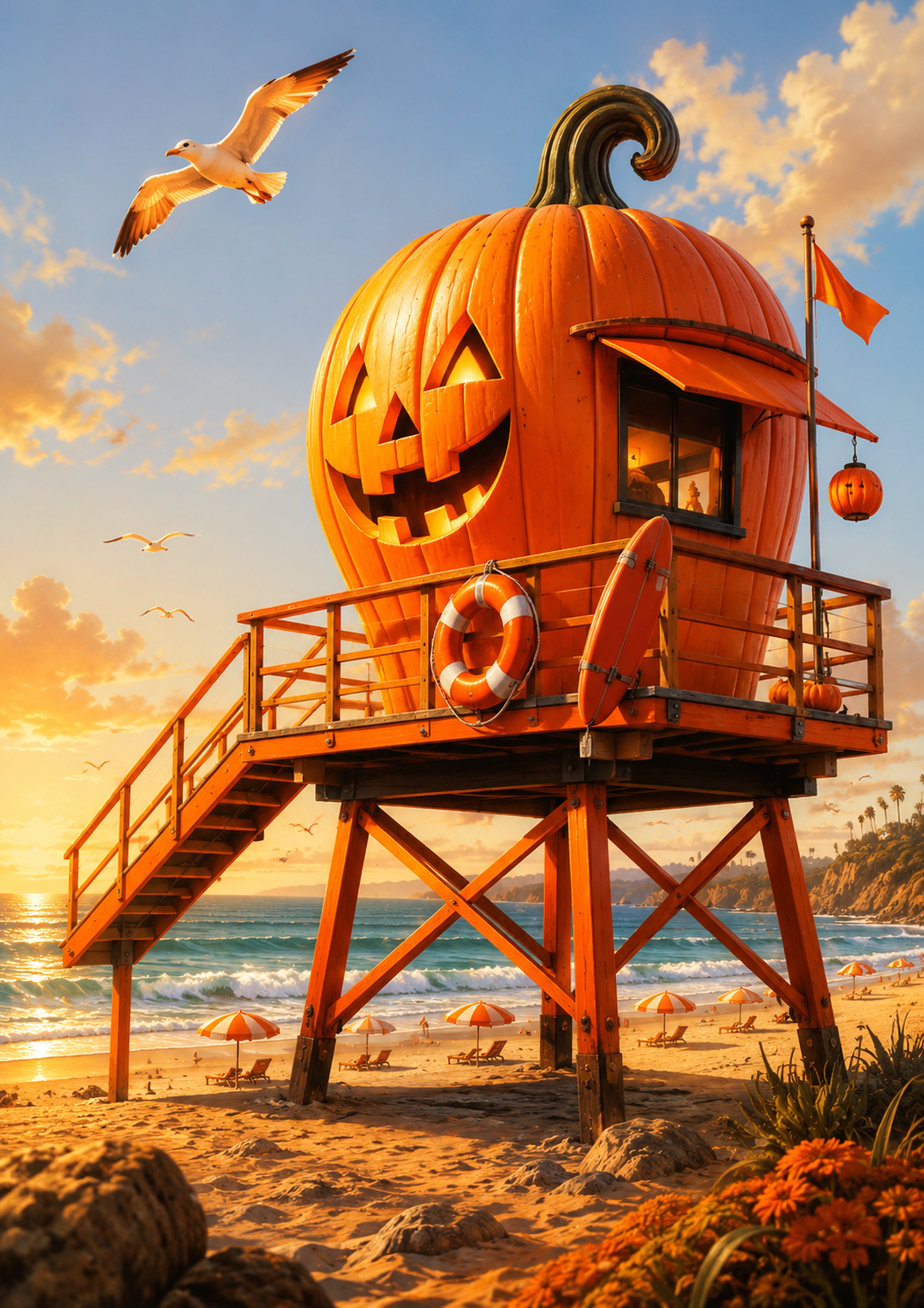 Giant Pumpkin Lifeguard Tower Summerween art print by PosterMe.shop
