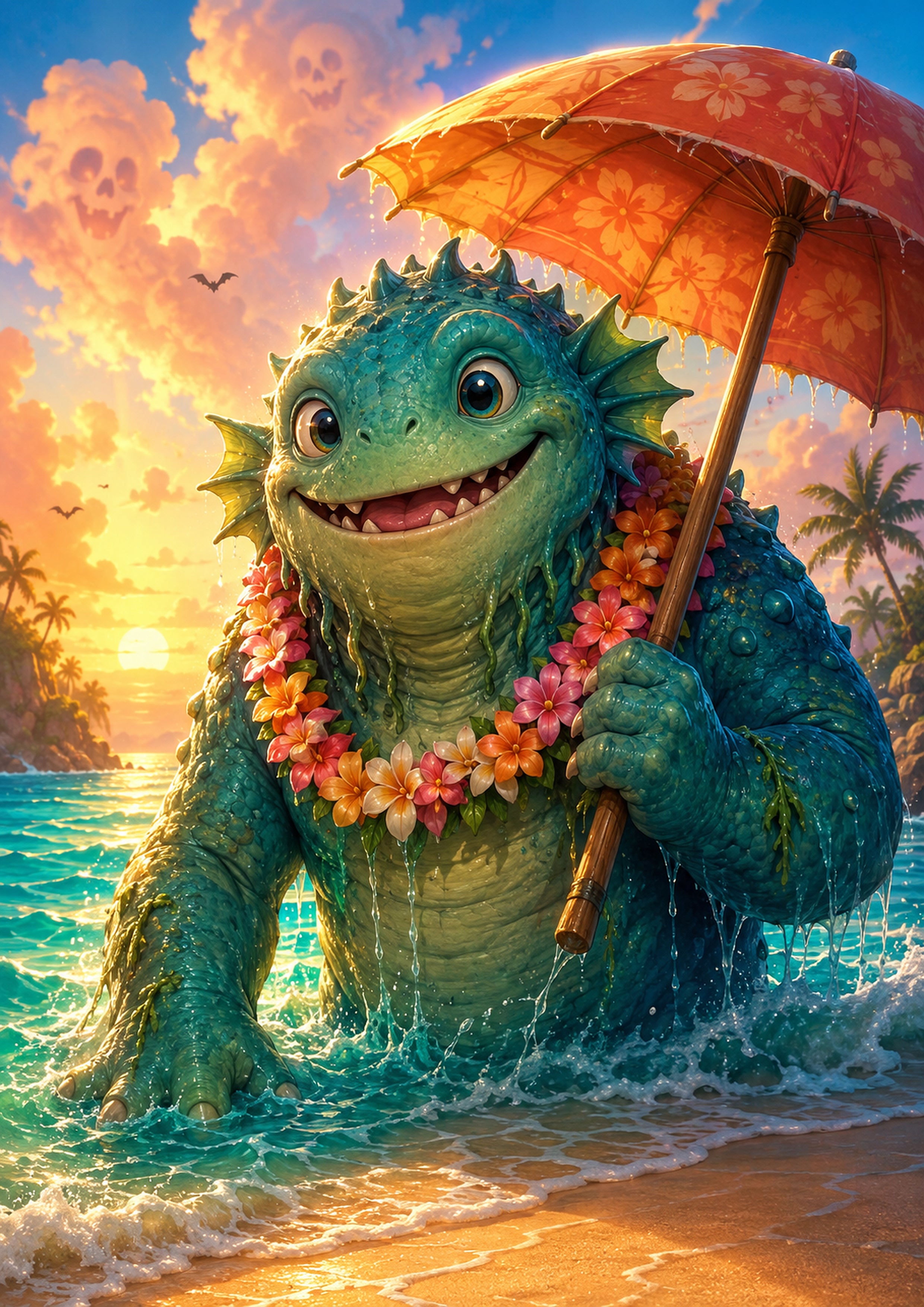 Friendly Sea Monster with a Tropical Parasol Summerween art print by PosterMe.shop