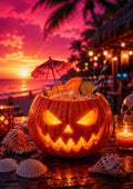 Glowing Pumpkin Cocktail at Tropical Sunset Summerween art print by PosterMe.shop
