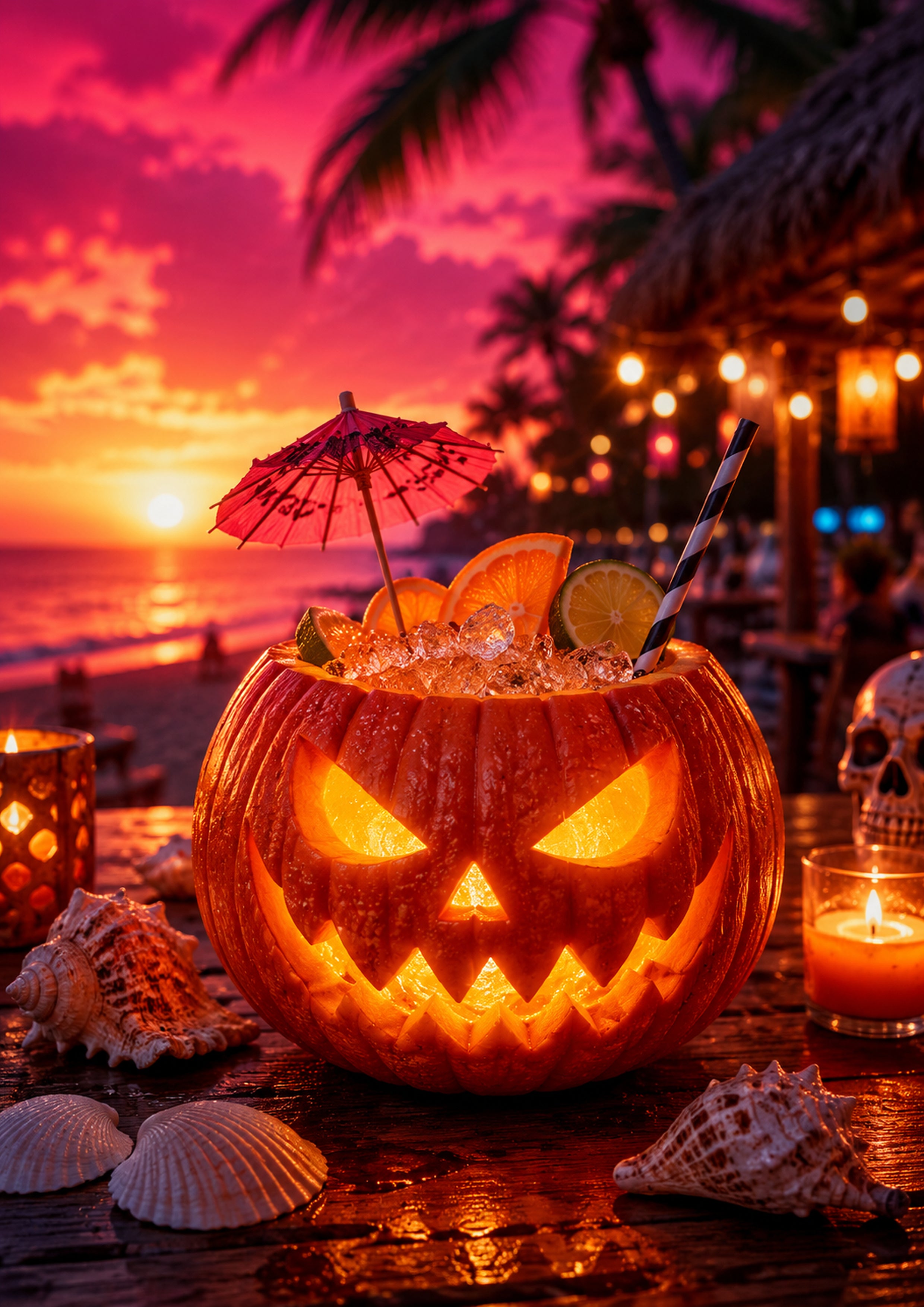 Glowing Pumpkin Cocktail at Tropical Sunset Summerween art print by PosterMe.shop