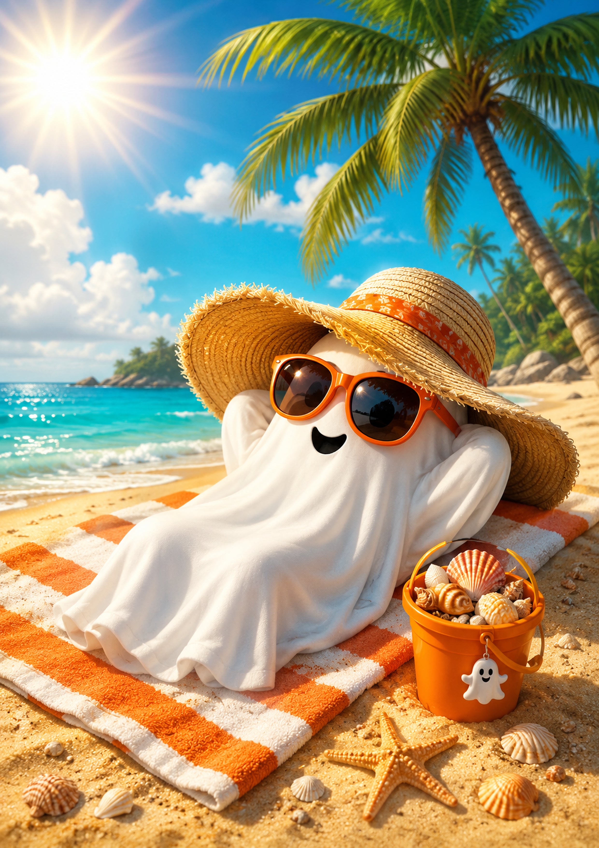Sunbathing Ghost on a Tropical Beach Summerween art print by PosterMe.shop