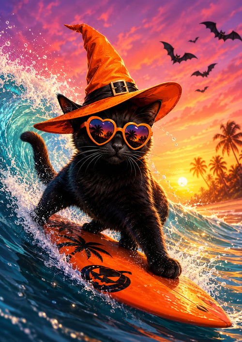 Black Cat Witch Surfing at Sunset Summerween art print by PosterMe.shop