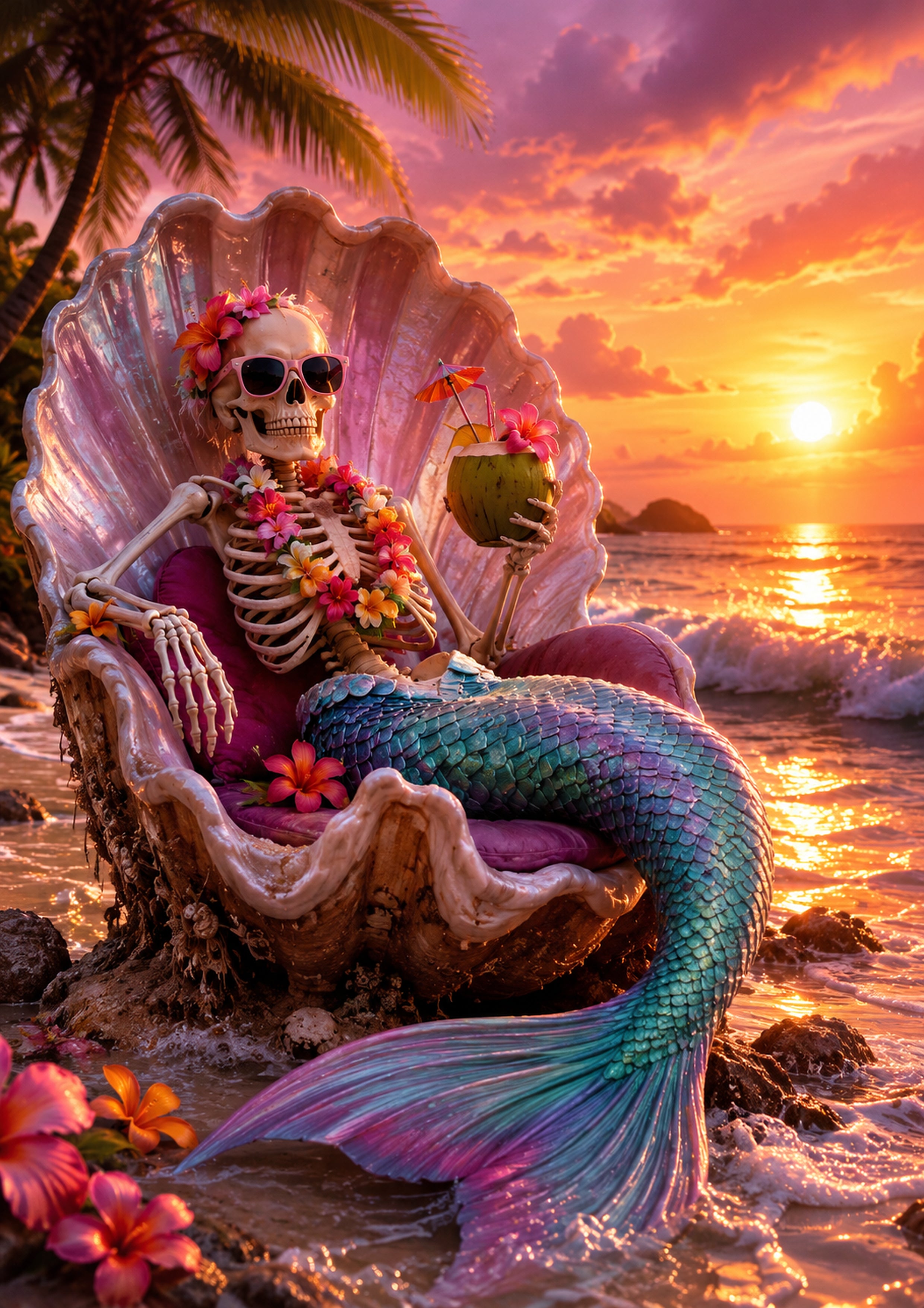 Skeleton Mermaid in a Seashell Chair Summerween art print by PosterMe.shop