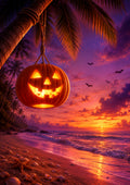 Hanging Jack-O'-Lantern over a Tropical Shore Summerween art print by PosterMe.shop