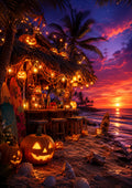 Tiki Bar Glowing with Jack-O'-Lanterns Summerween art print by PosterMe.shop