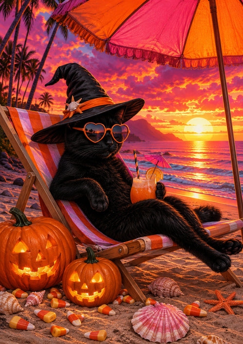 Black Cat Witch Lounging at Sunset Summerween art print by PosterMe.shop