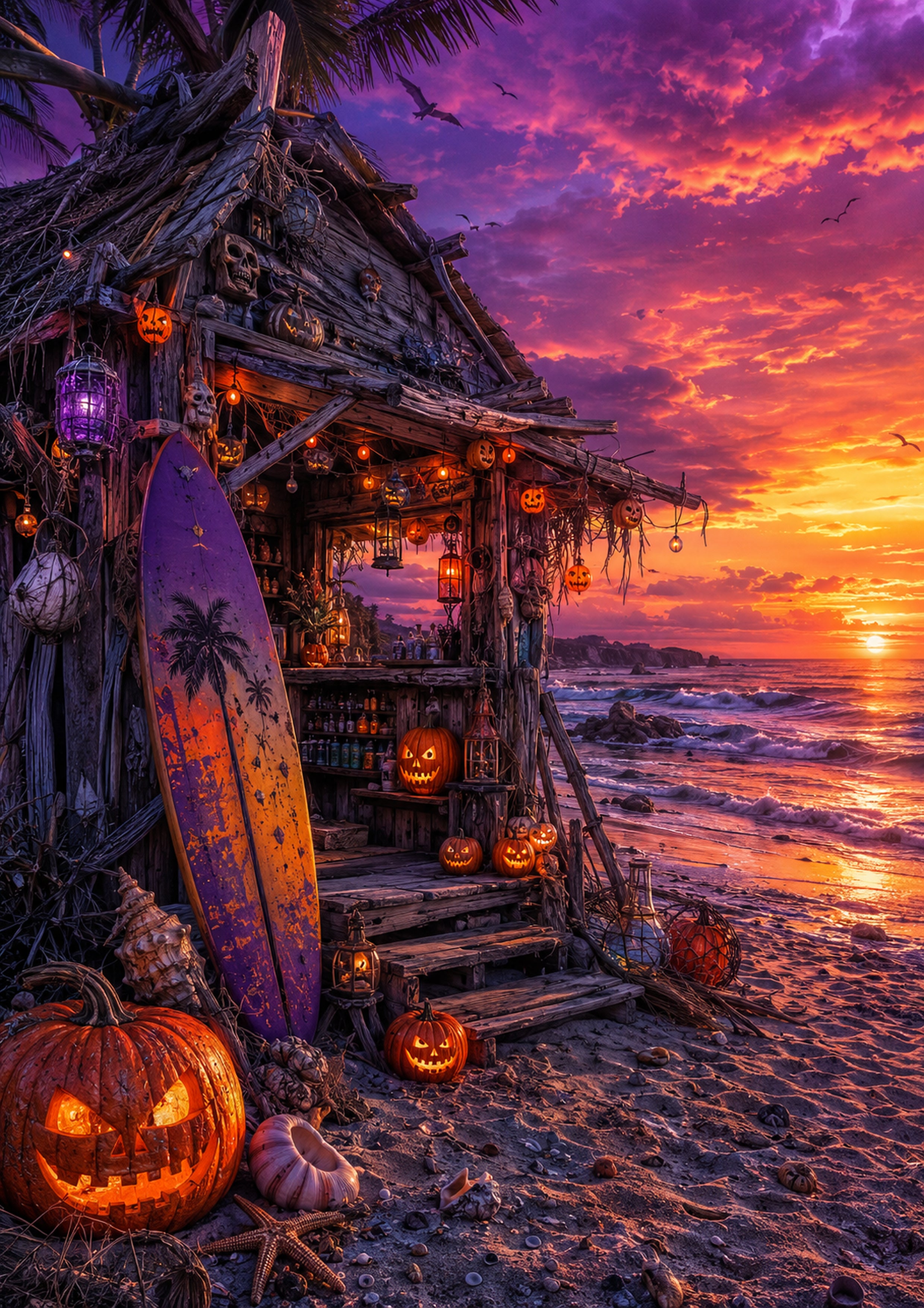 Spooky Surf Shack at Twilight Summerween art print by PosterMe.shop