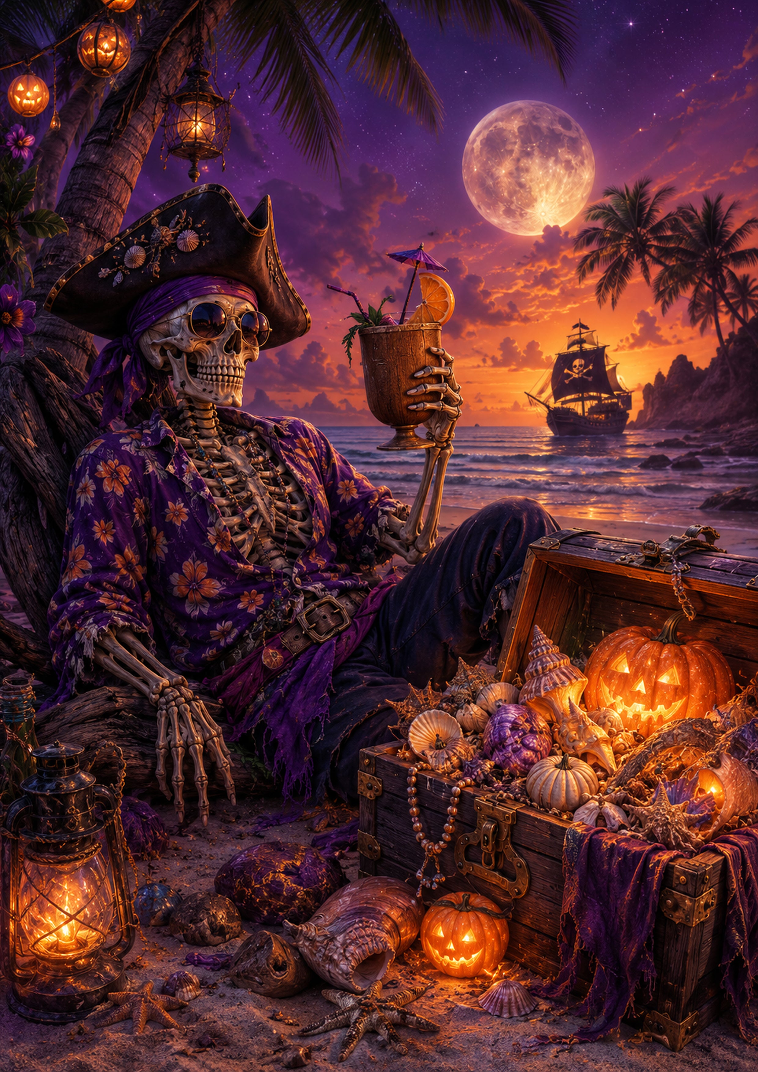 Pirate Skeleton's Tropical Treasure Retreat Summerween art print by PosterMe.shop