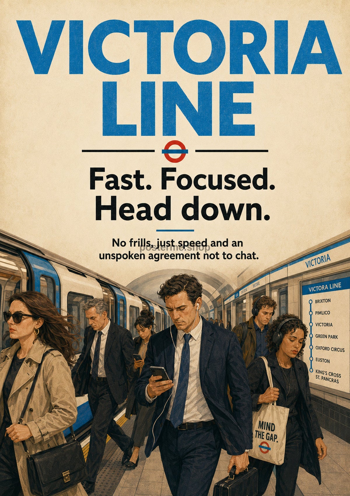 Victoria Line: Focused Commuters London Underground art print by towelme