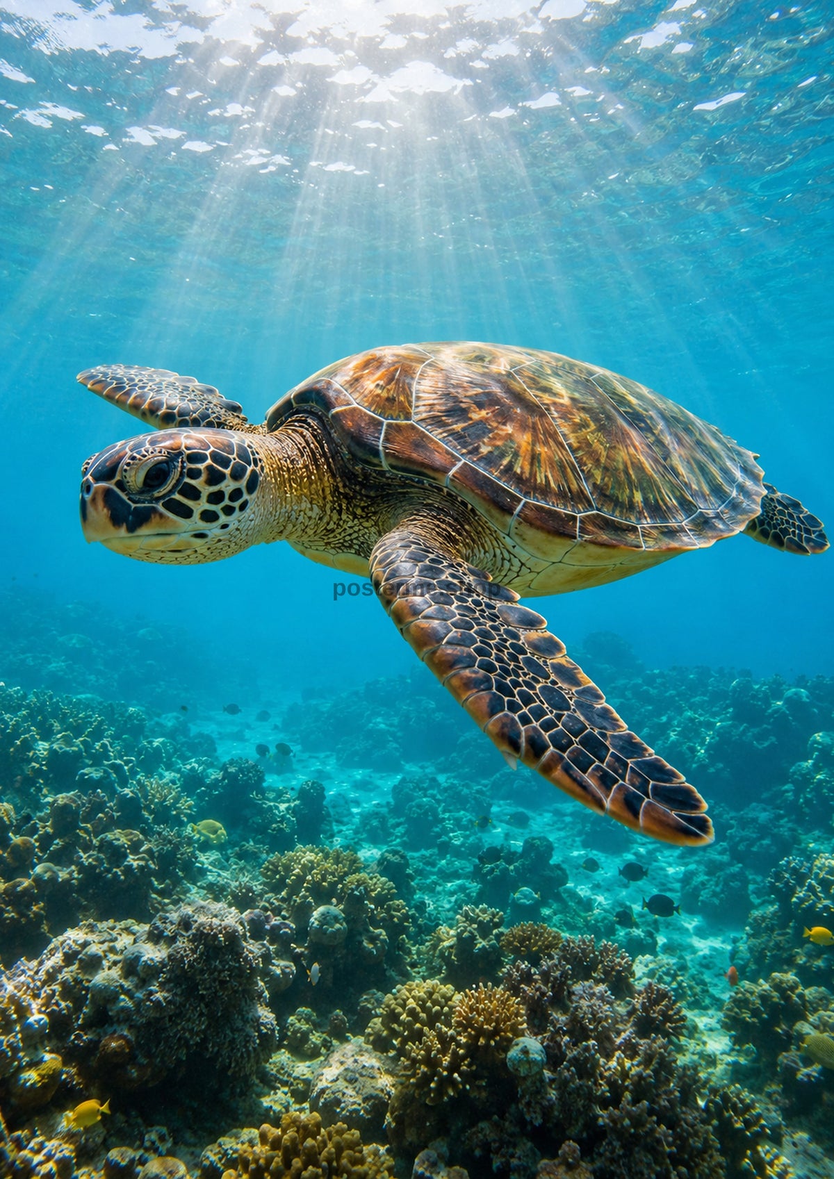 Serene Turtle Gliding Over Coral Reef wildlife art print by towelme