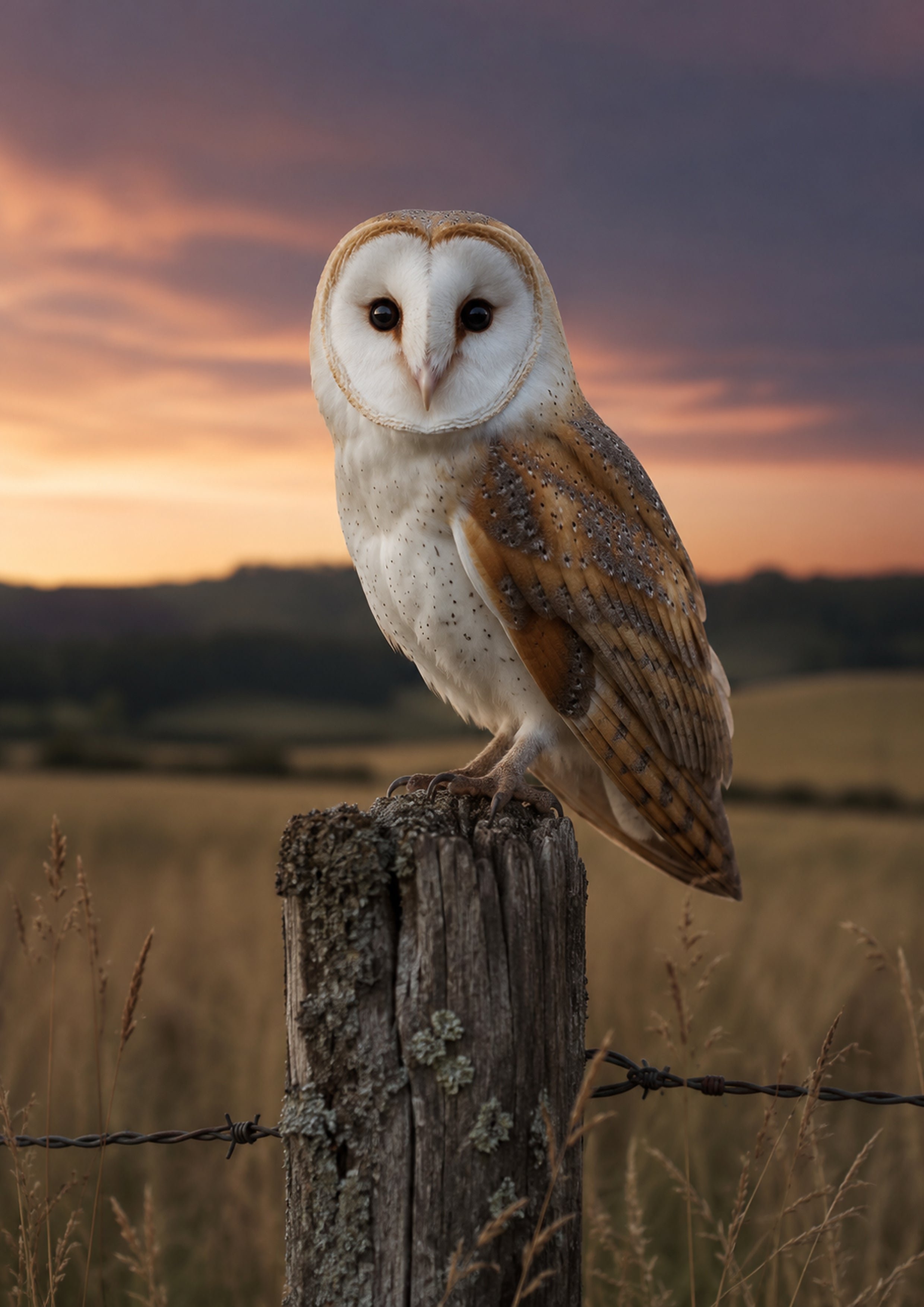 Barn Owl At Sunset On Fence Post wildlife art print by towelme