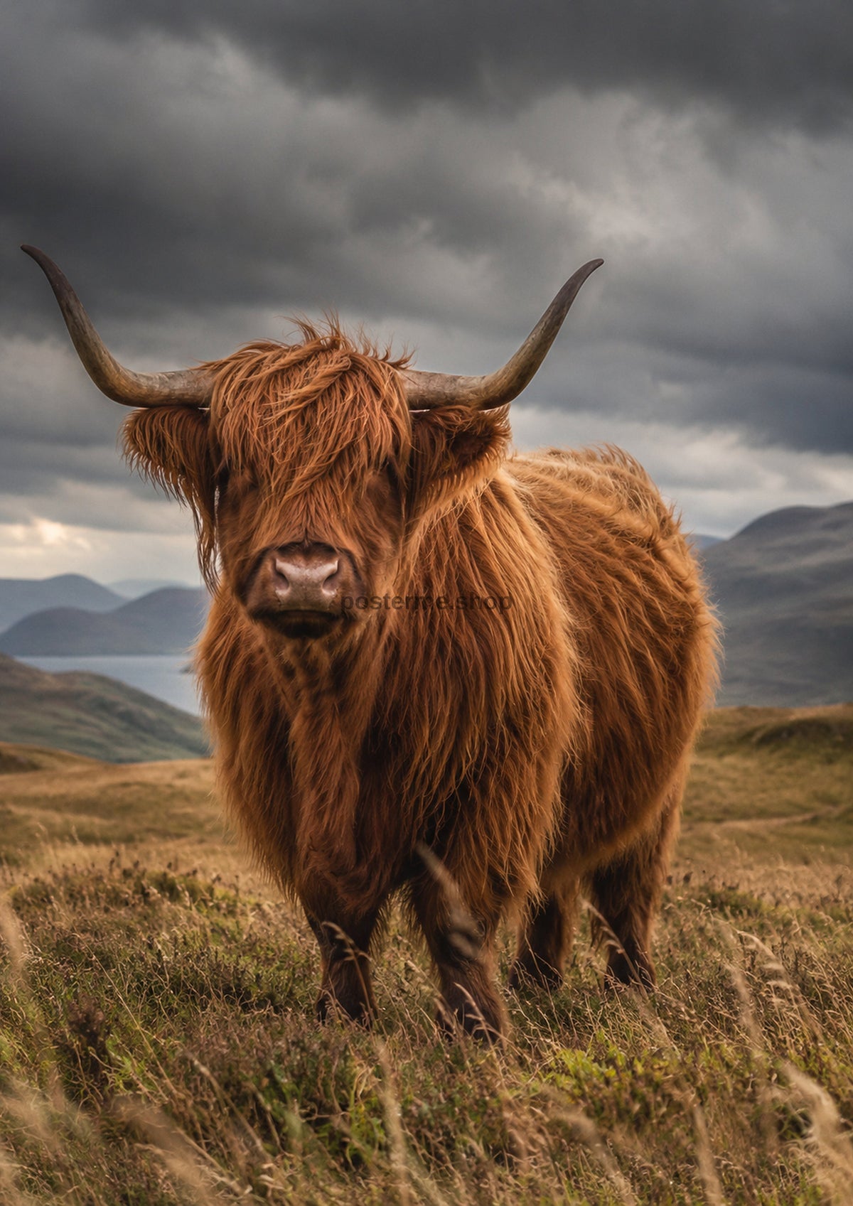 Highland Cow In A Stormy Meadow wildlife art print by towelme