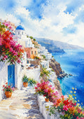 Seaside Mediterranean Village In Bloom watercolour art print by towelme