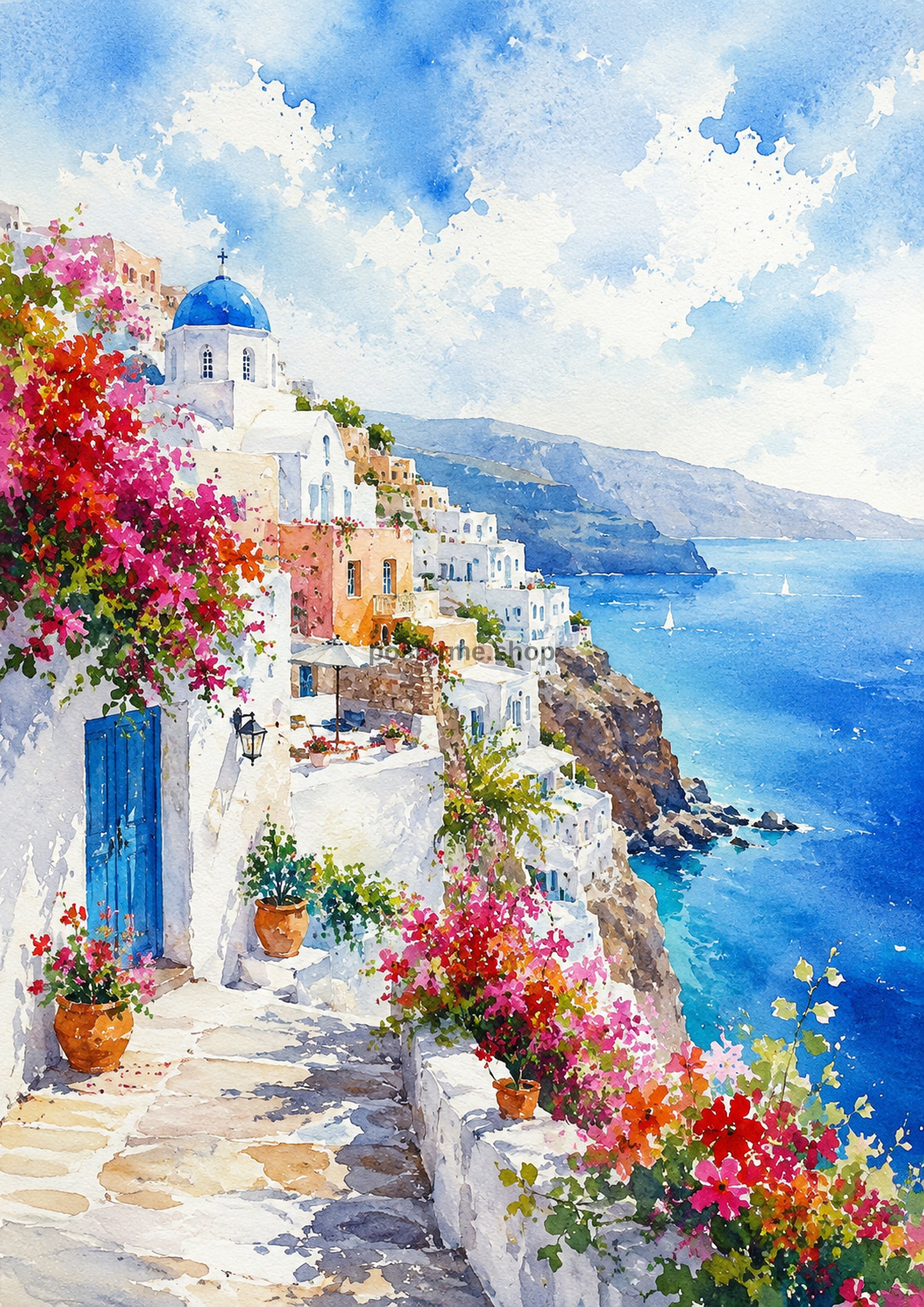 Seaside Mediterranean Village In Bloom watercolour art print by towelme