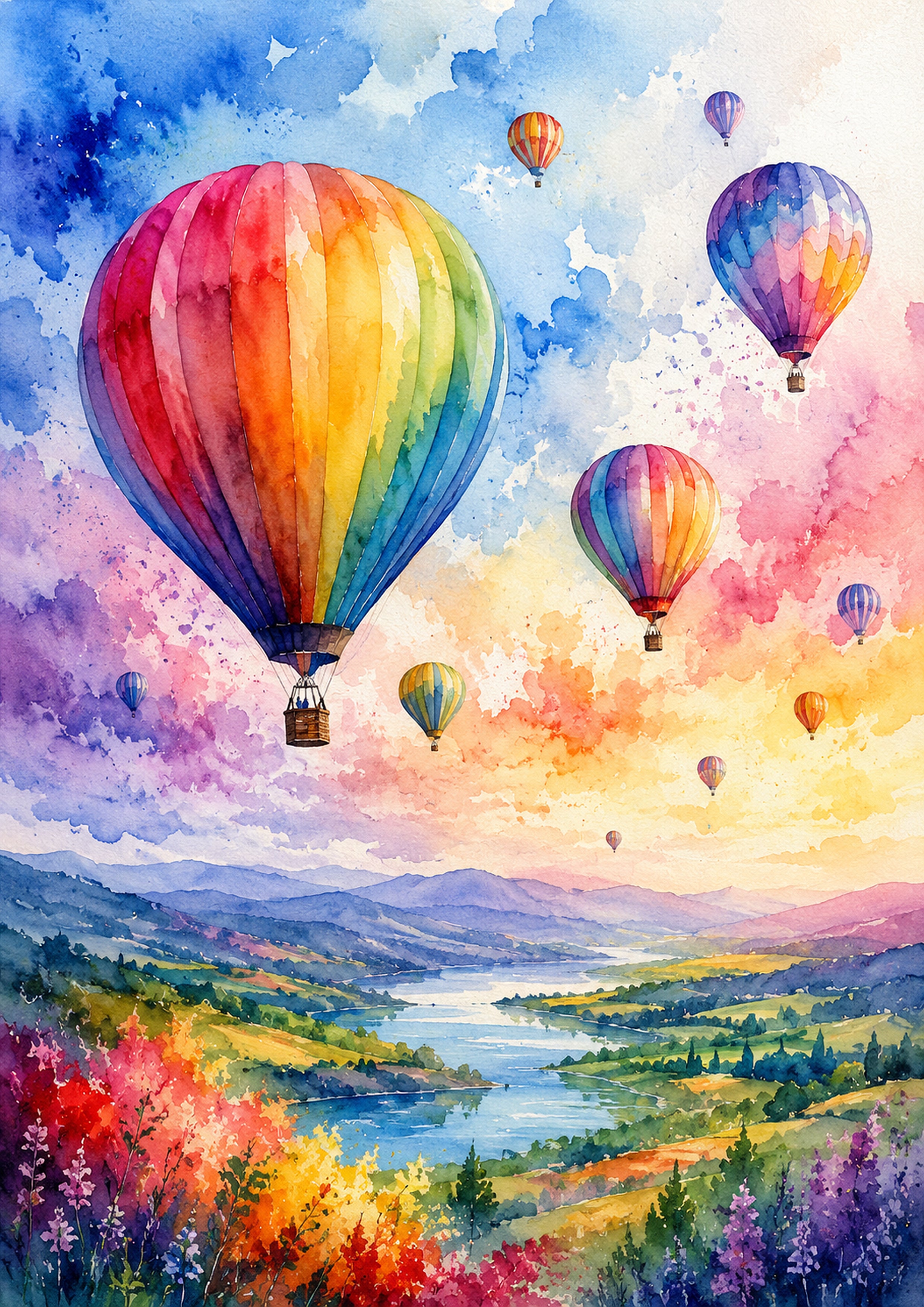 Hot Air Balloons Over A Dreamy Valley watercolour art print by towelme