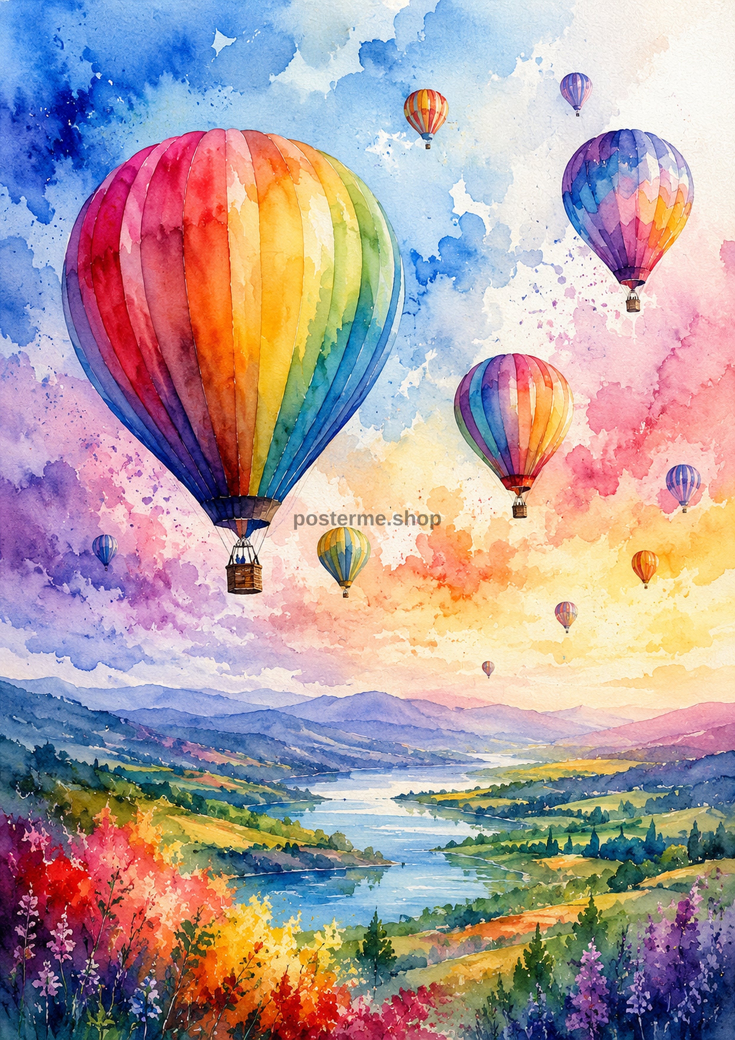 Hot Air Balloons Over A Dreamy Valley watercolour art print by towelme