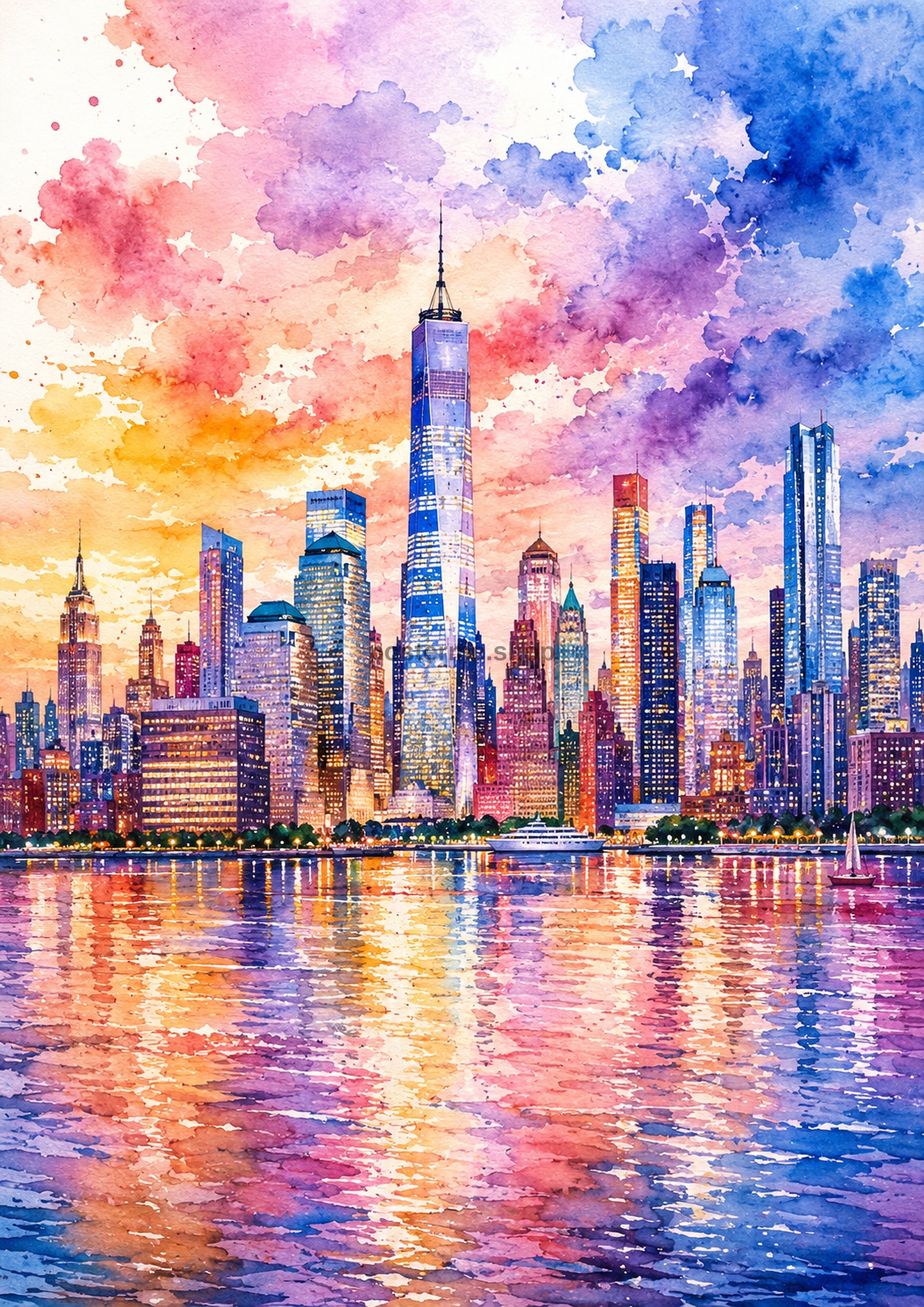 New York Skyline At Sunset Watercolour watercolour art print by towelme