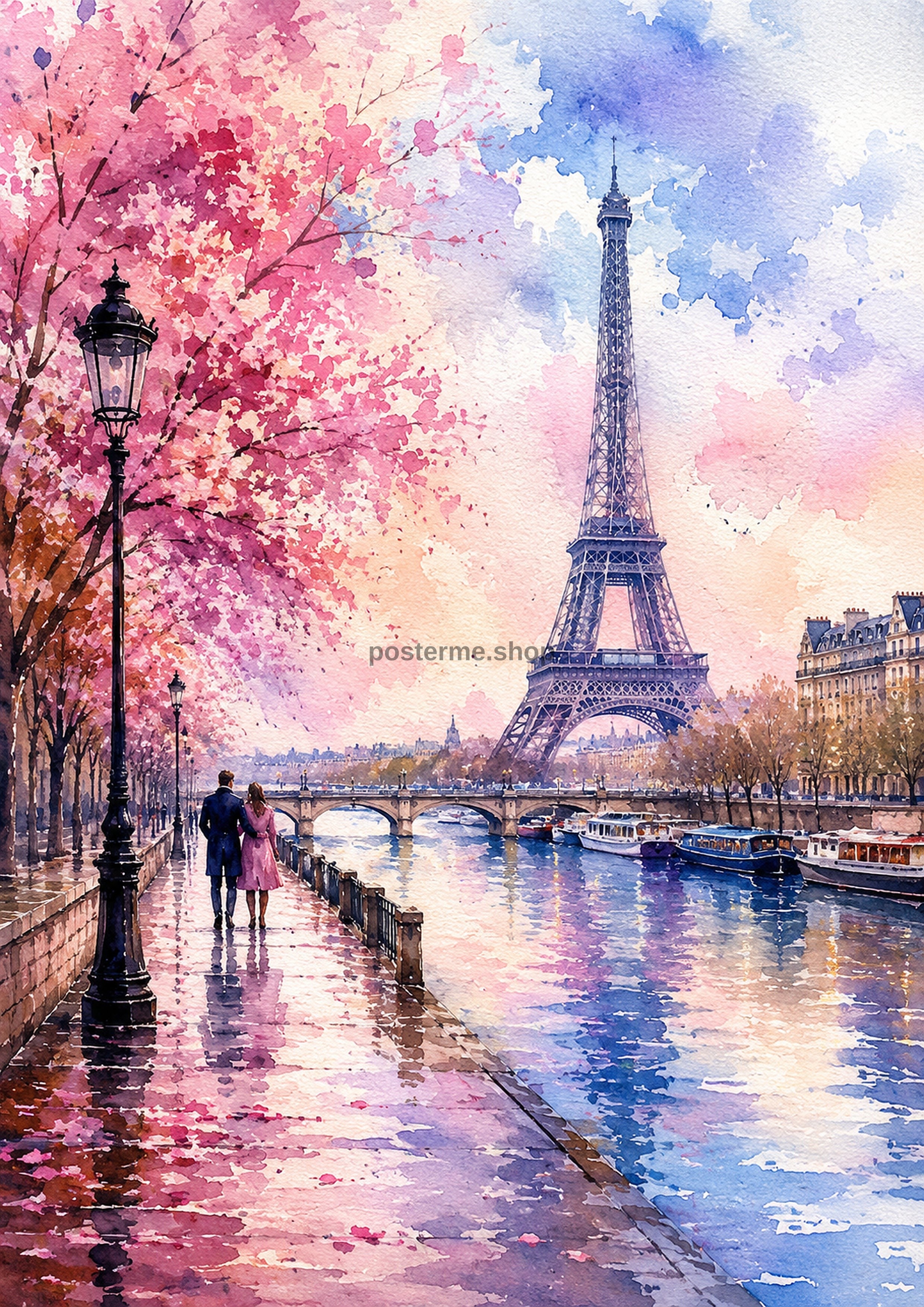 Romantic Parisian Riverside In Spring watercolour art print by towelme