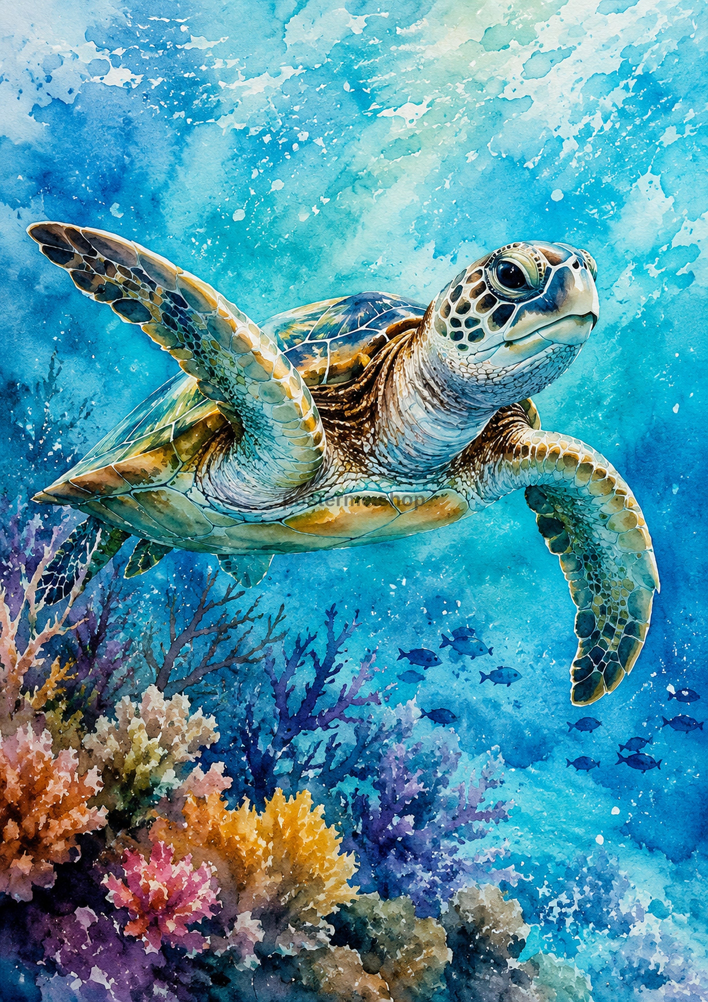 Sea Turtle Gliding Over Coral Reef watercolour art print by towelme