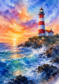 Sunset At The Coastal Lighthouse watercolour art print by towelme