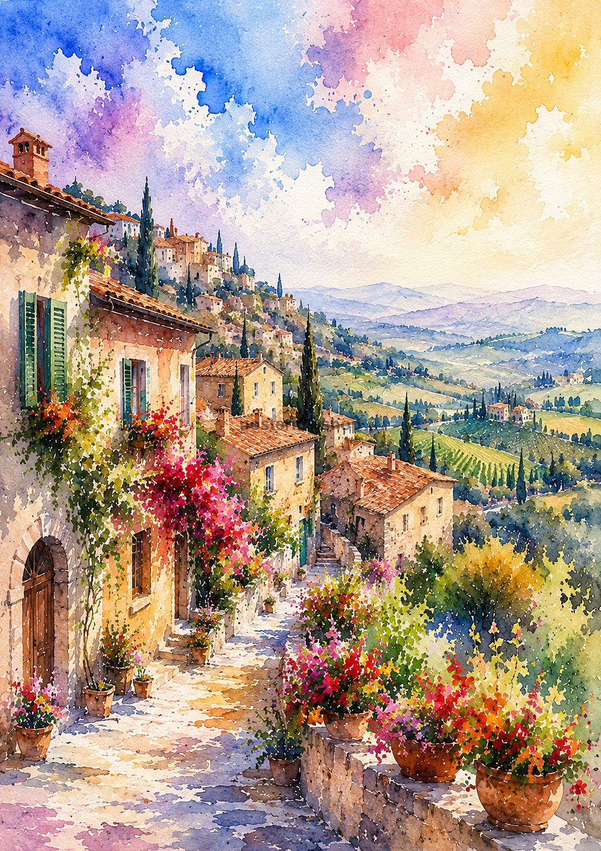 Sunlit Hillside Village In Tuscany watercolour art print by towelme