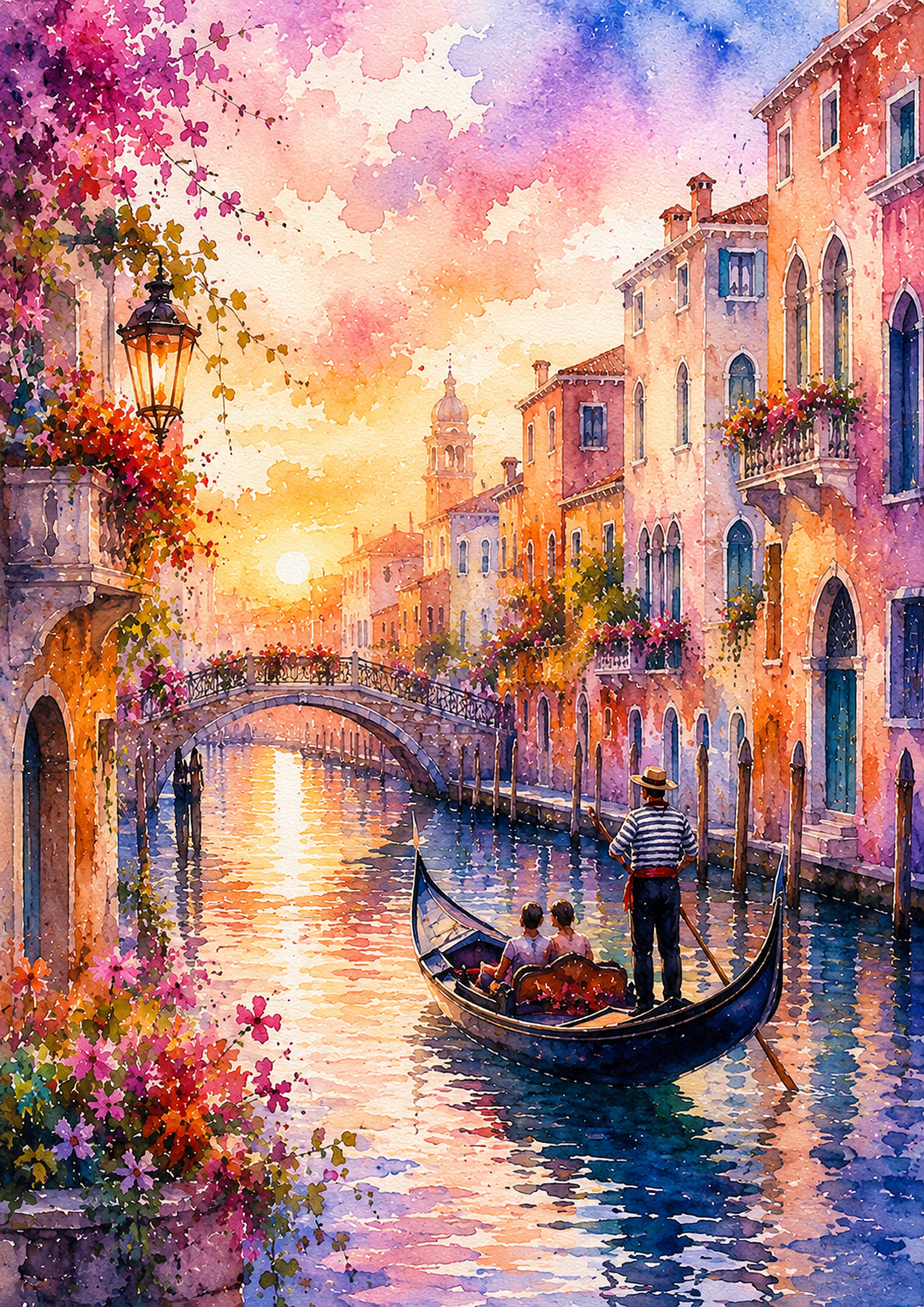 Venetian Canal At Sunset In Bloom watercolour art print by towelme
