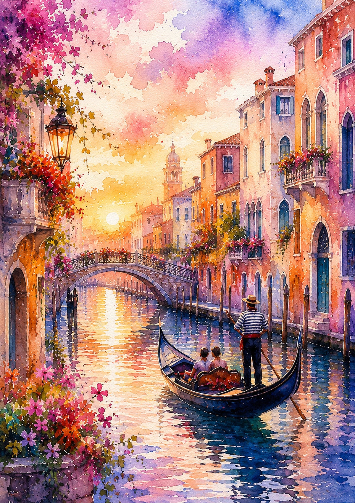 Venetian Canal At Sunset In Bloom watercolour art print by towelme