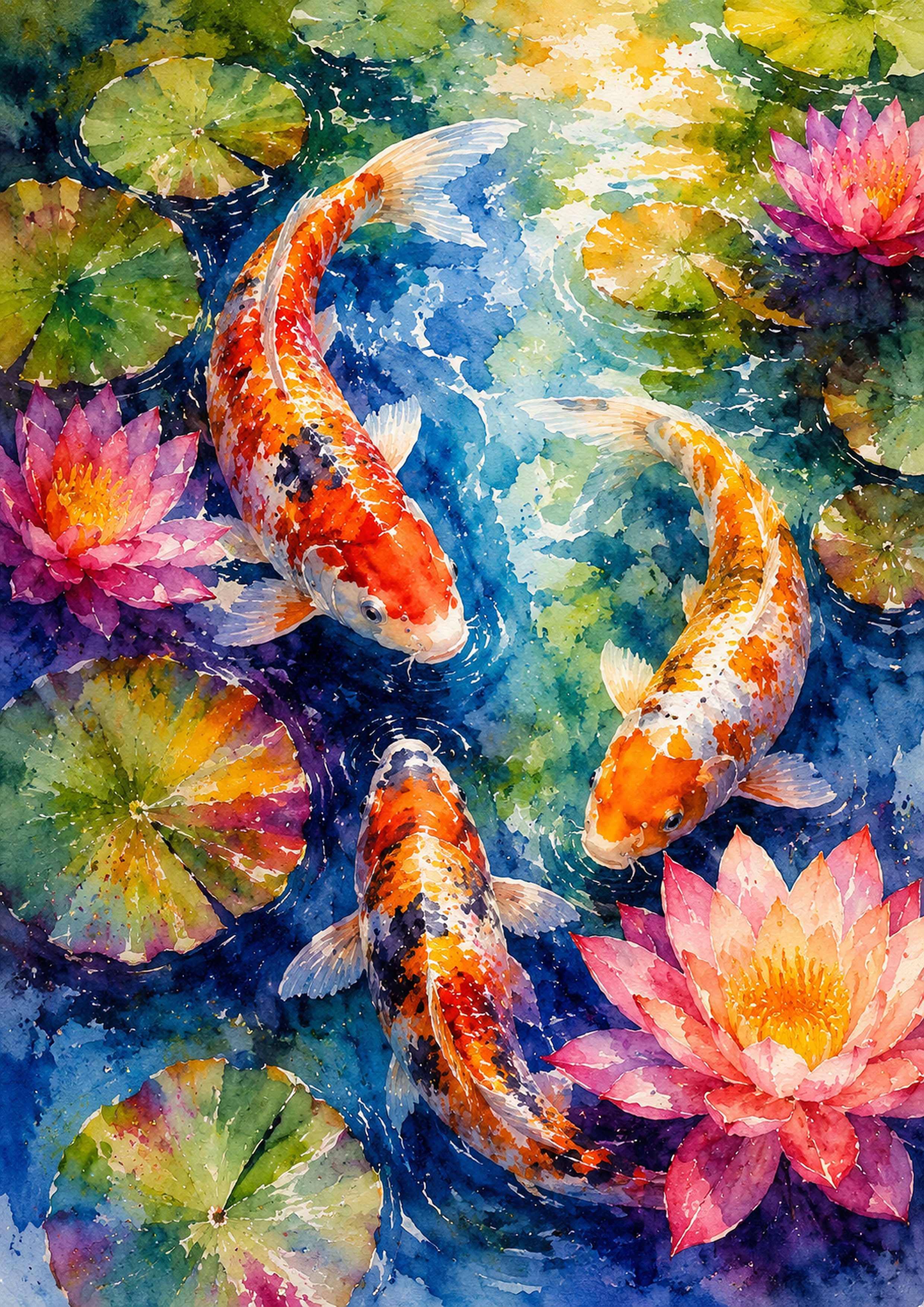 Koi Fish And Water Lilies In Bloom watercolour art print by towelme