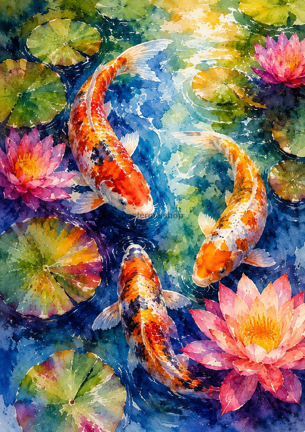 Koi Fish And Water Lilies In Bloom watercolour art print by towelme