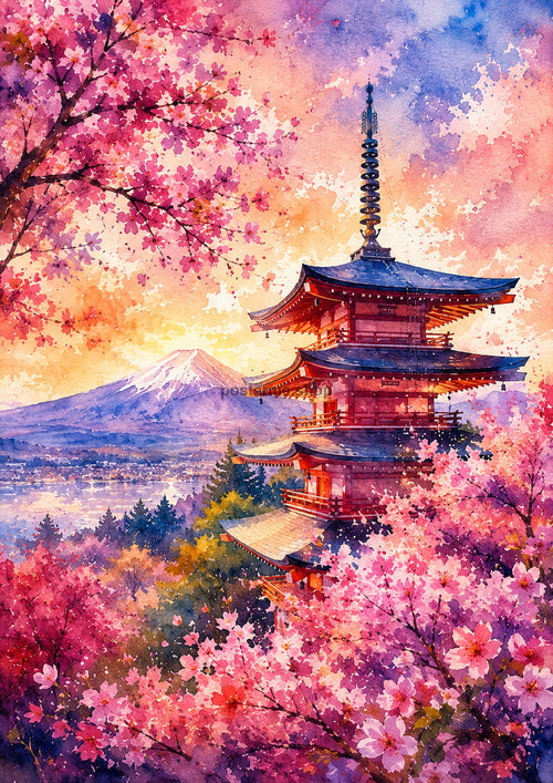 Cherry Blossoms And Pagoda At Sunset watercolour art print by towelme