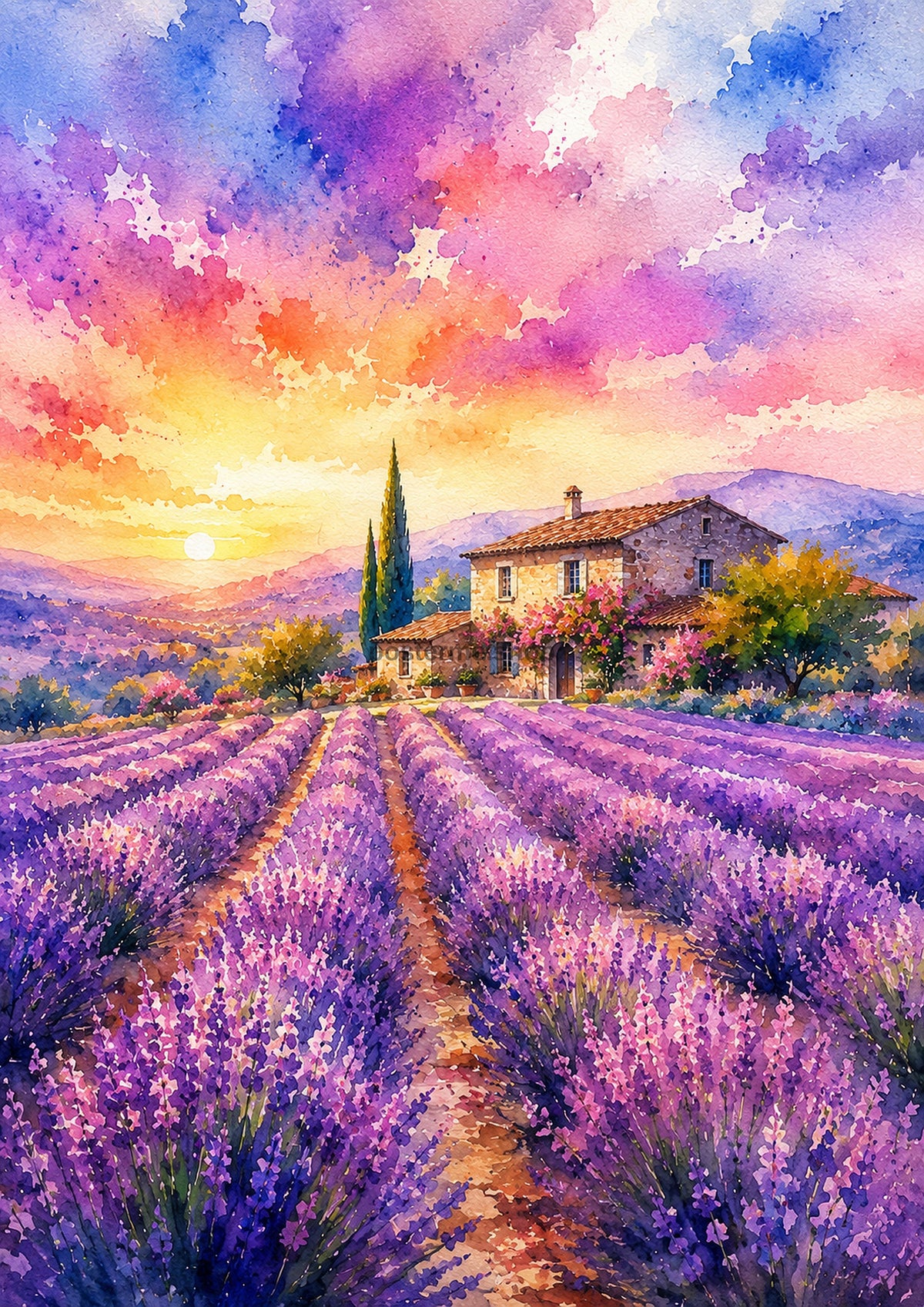 Lavender Fields At Sunset In Provence watercolour art print by towelme