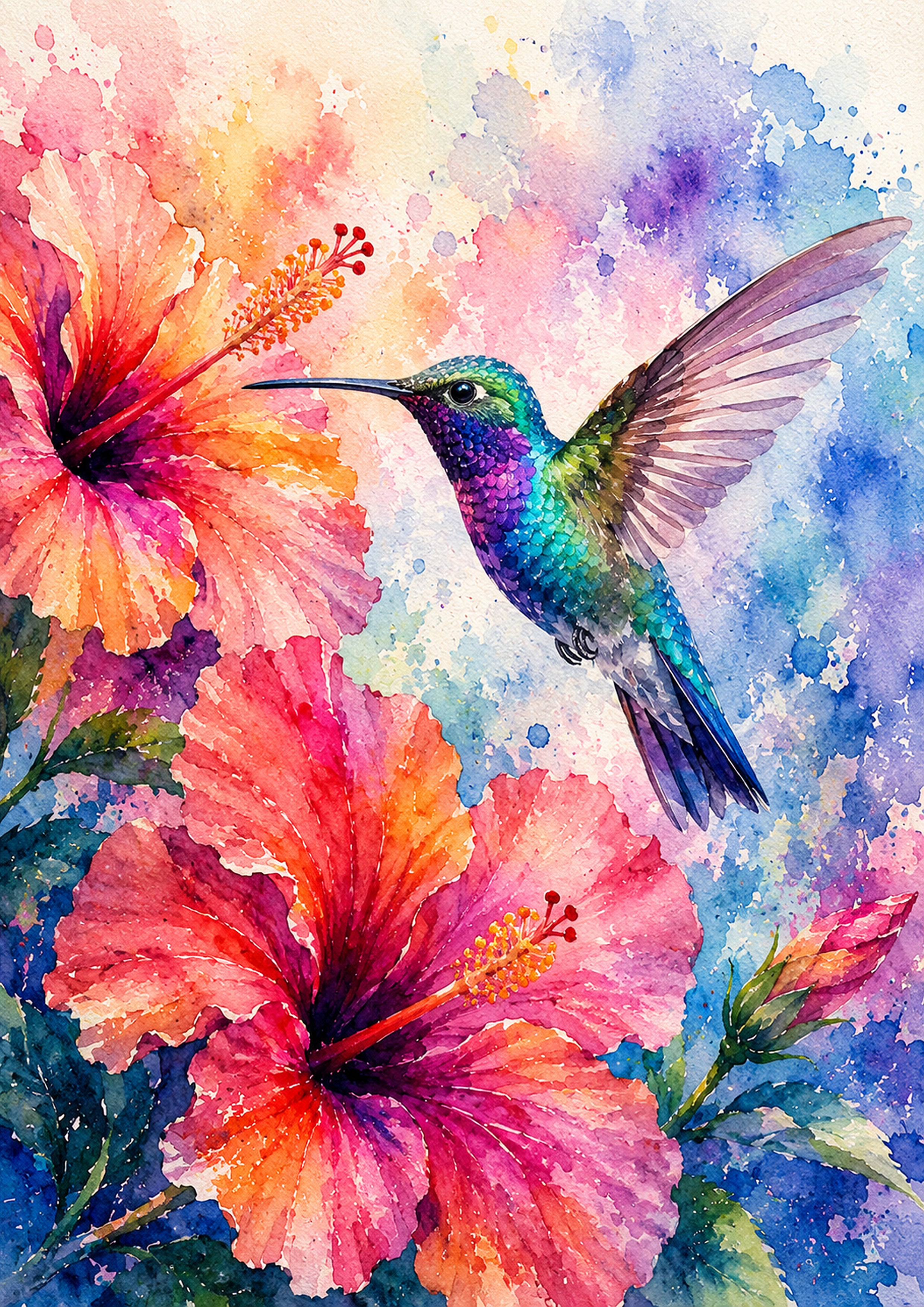 Hummingbird And Hibiscus In Bloom watercolour art print by towelme