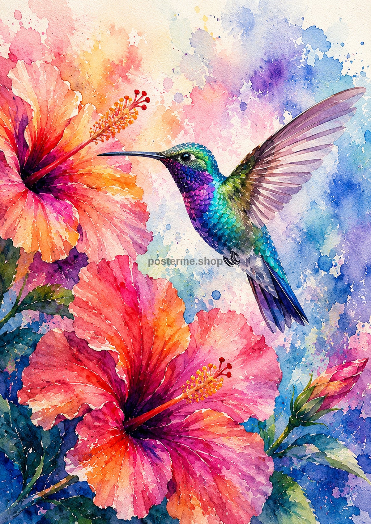 Hummingbird And Hibiscus In Bloom watercolour art print by towelme