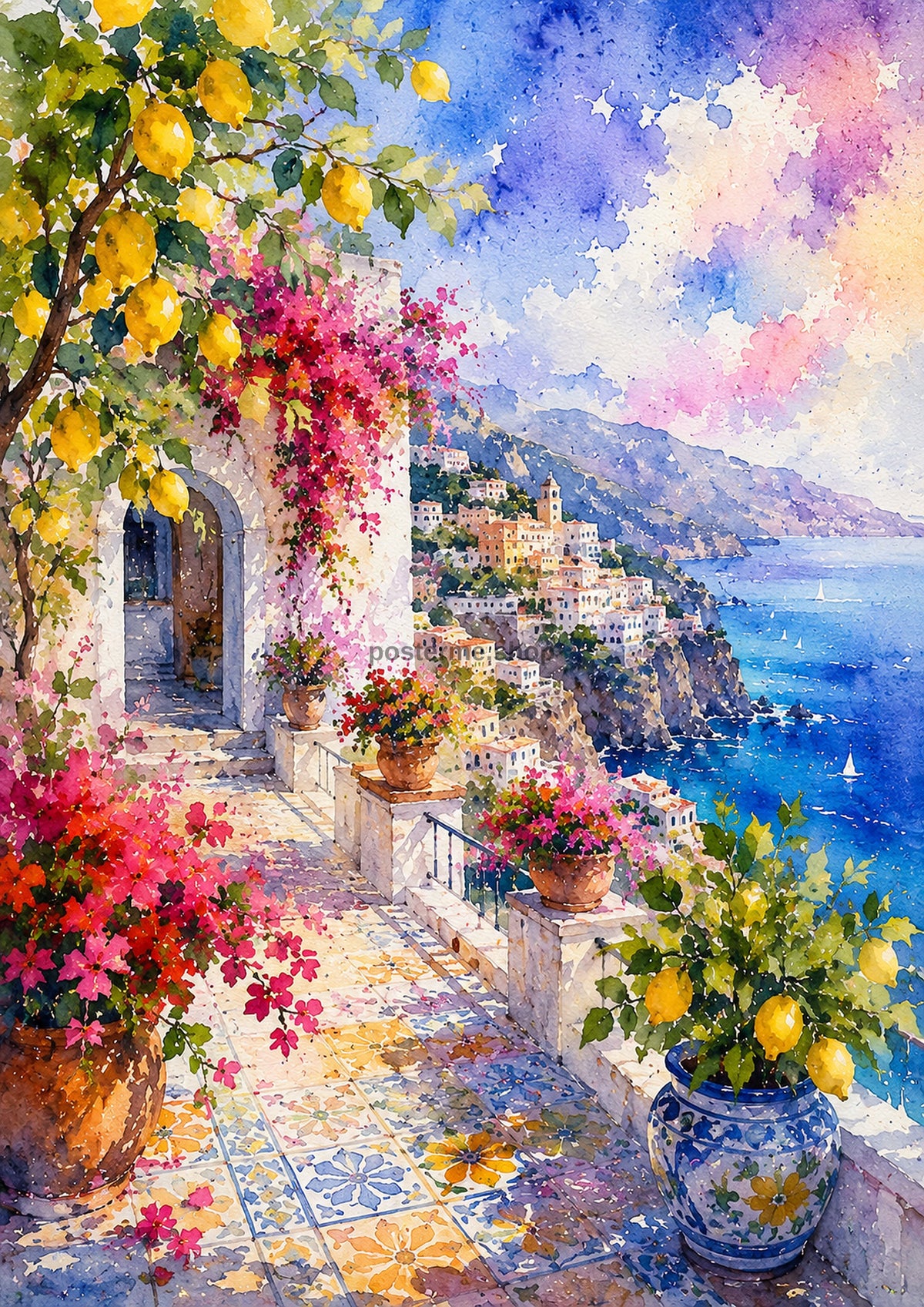 Sunny Mediterranean Terrace By The Sea watercolour art print by towelme